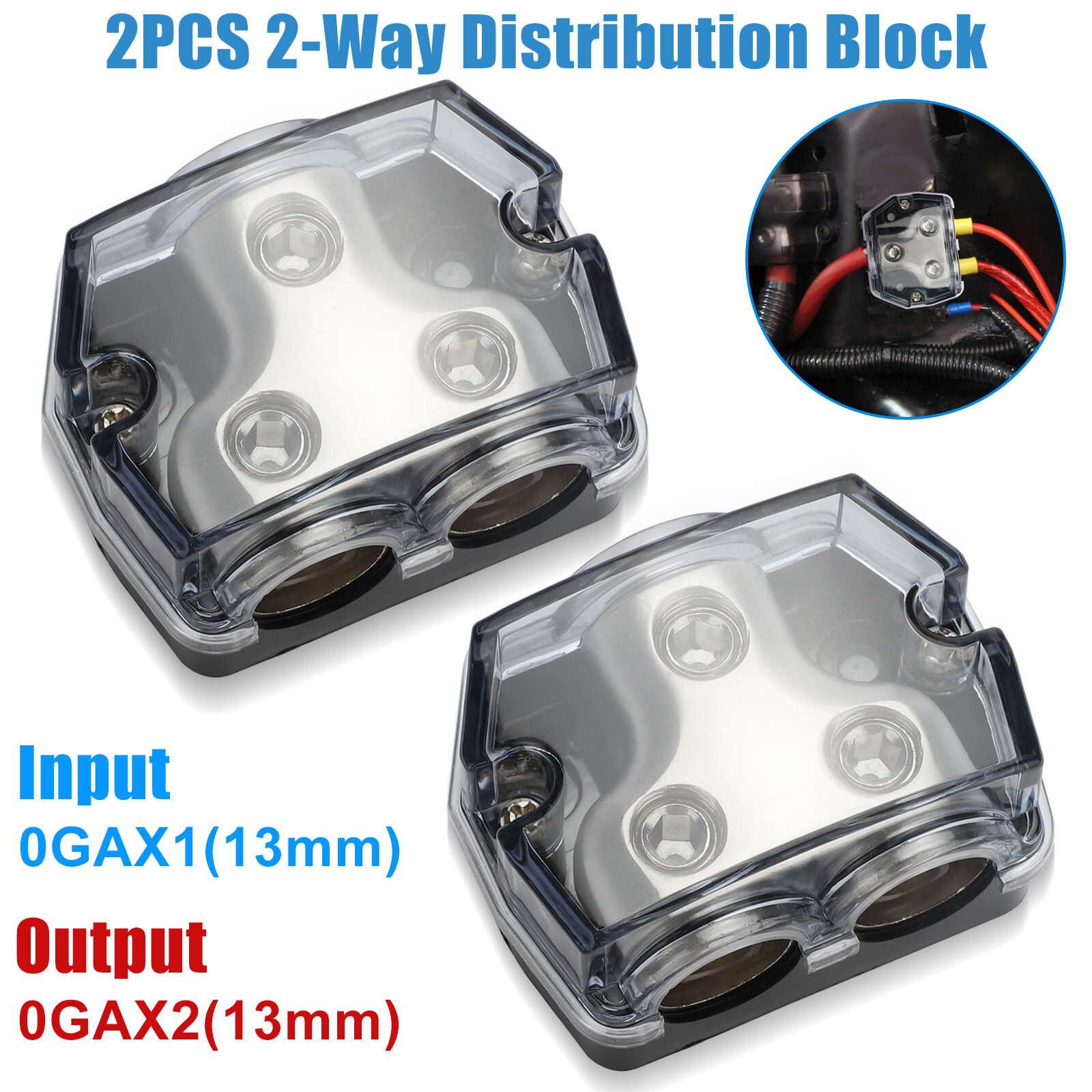 2PC Car Audio Amp Power Ground Distributor 2-Way Distribution Block Gauge In&Out