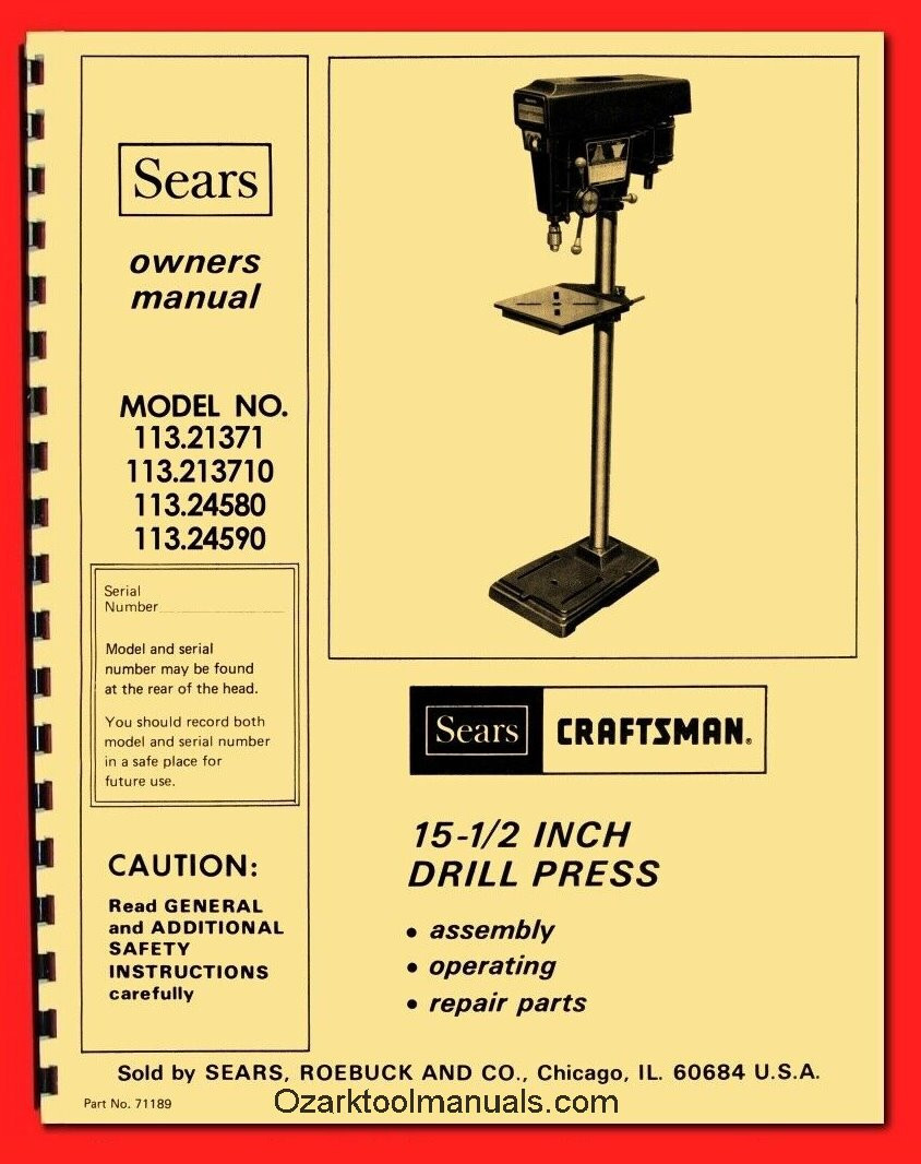 CRAFTSMAN 113.21371 & 113.213710 Drill Press 15-1/2" Operator & Part Manual 0175
