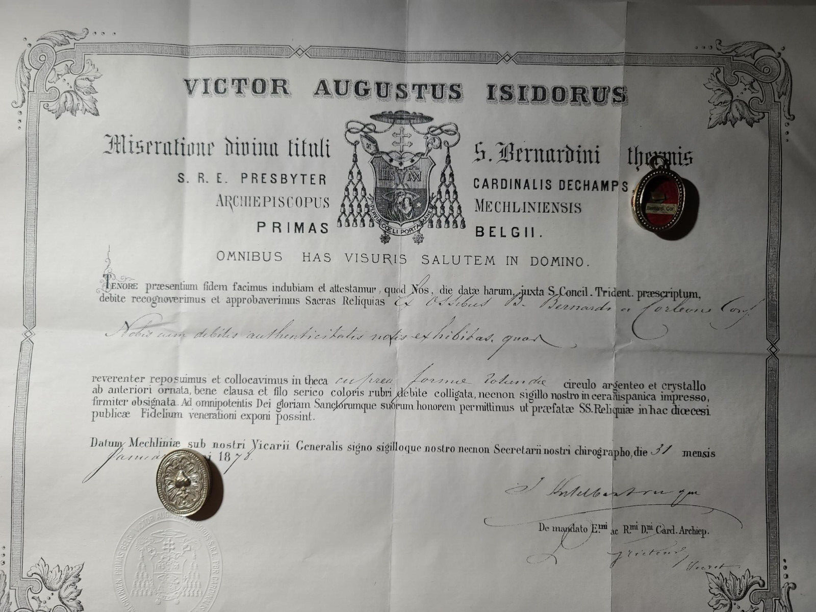 Reliquary Relic of Saint Bernard of Corleone with document