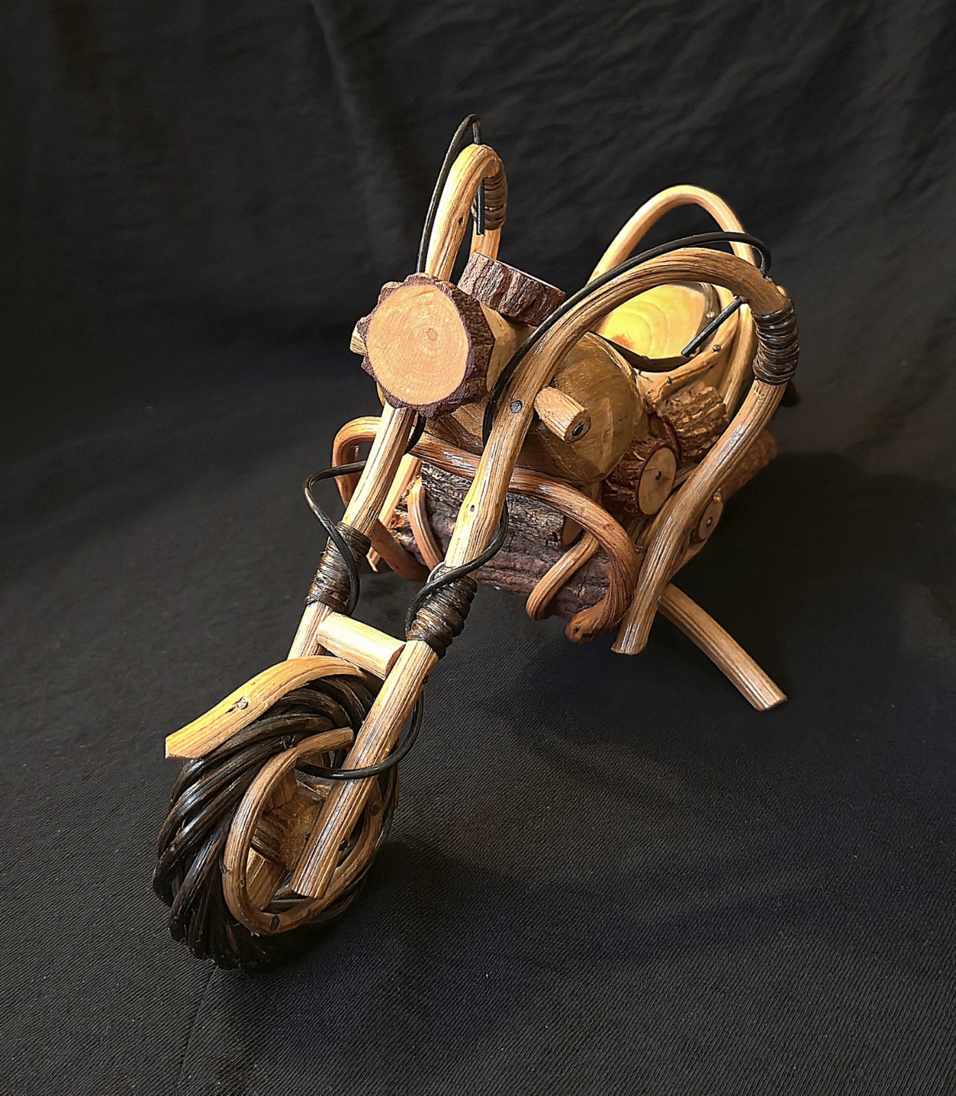 Handmade Twig Folk Art Chopper Motorcycle Sculpture Wood Rustic 12" Harley Style