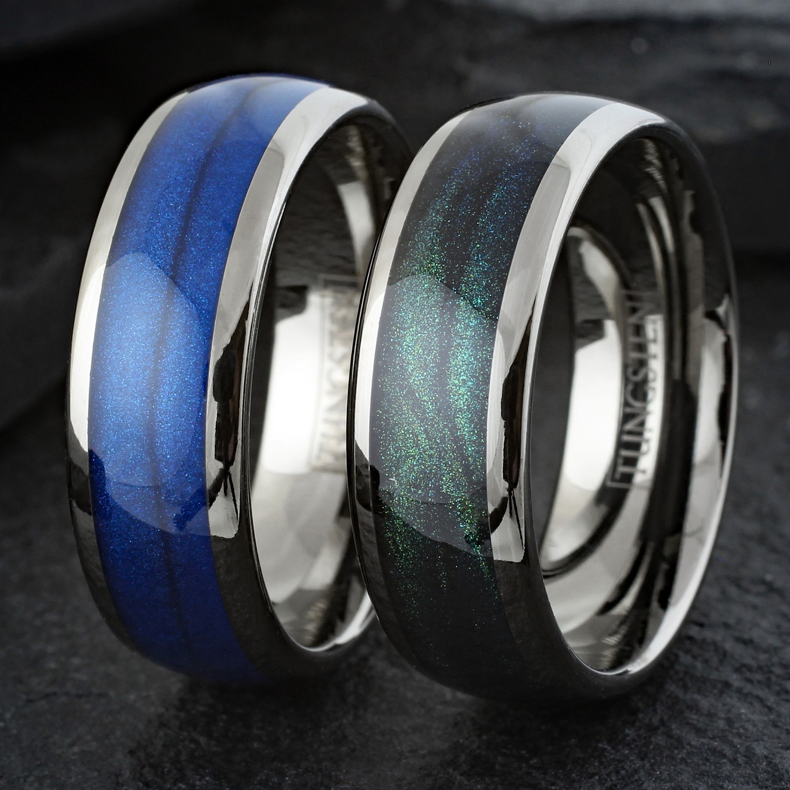 Gunmetal Tungsten Carbide Blue Flowing Sand Wedding Band Ring