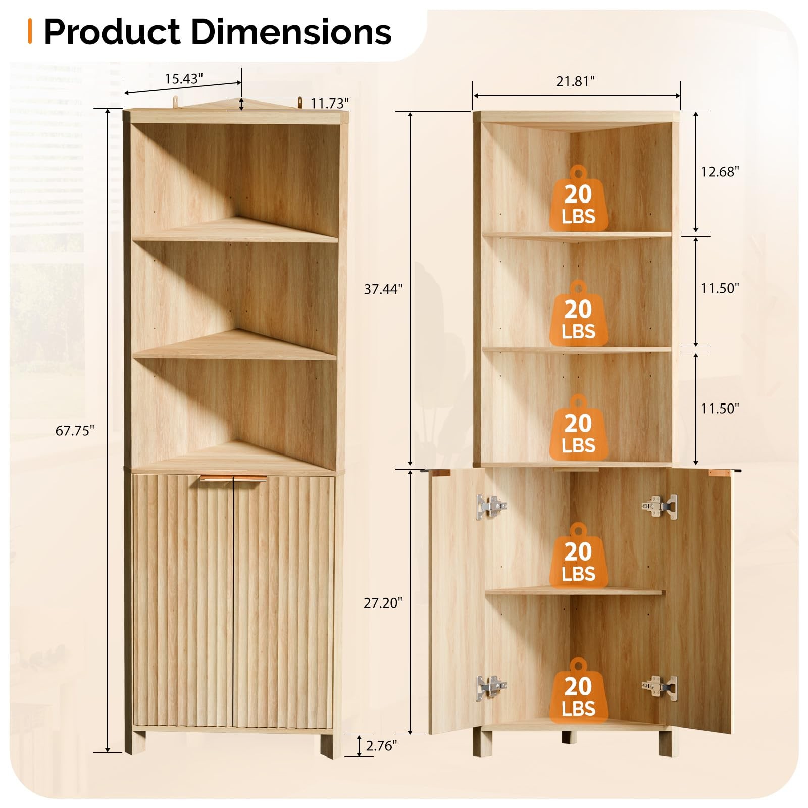 Tall Corner Cabinet with Fluted Doors, 68" Oak Corner Storage Cabinet