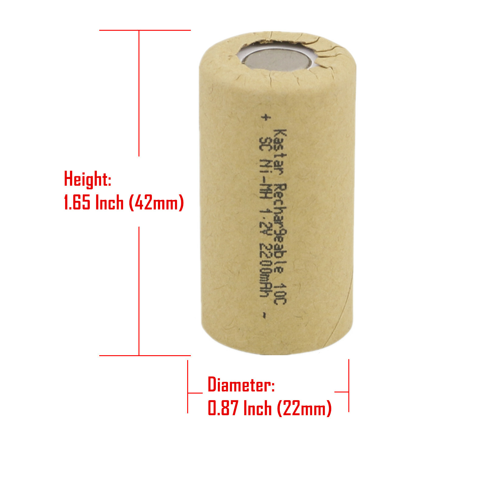 Kastar Ni-MH 1.2V 2200 mAh High Power Battery for NiCD Paper Wrapped Sub-C Cell
