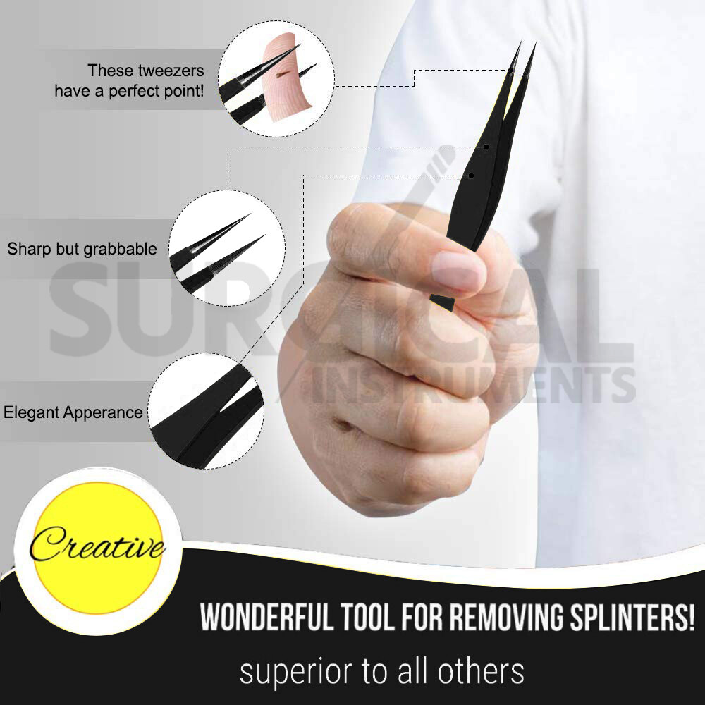 Surgical Tweezers for Ingrown Hair - Precision Sharp Needle Nose Pointed Black