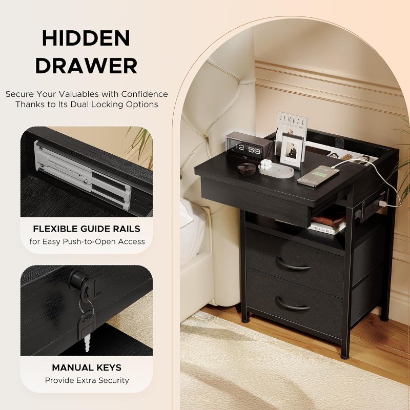 Hidden Drawer Charging Table - Night Stand with Charger Station and Sliding Top