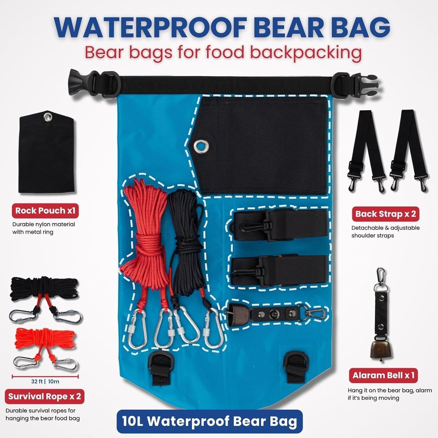 Bear Bag Hanging Kit 10L Waterproof Bear Proof Food Storage Bag, 2 Straps BLUE