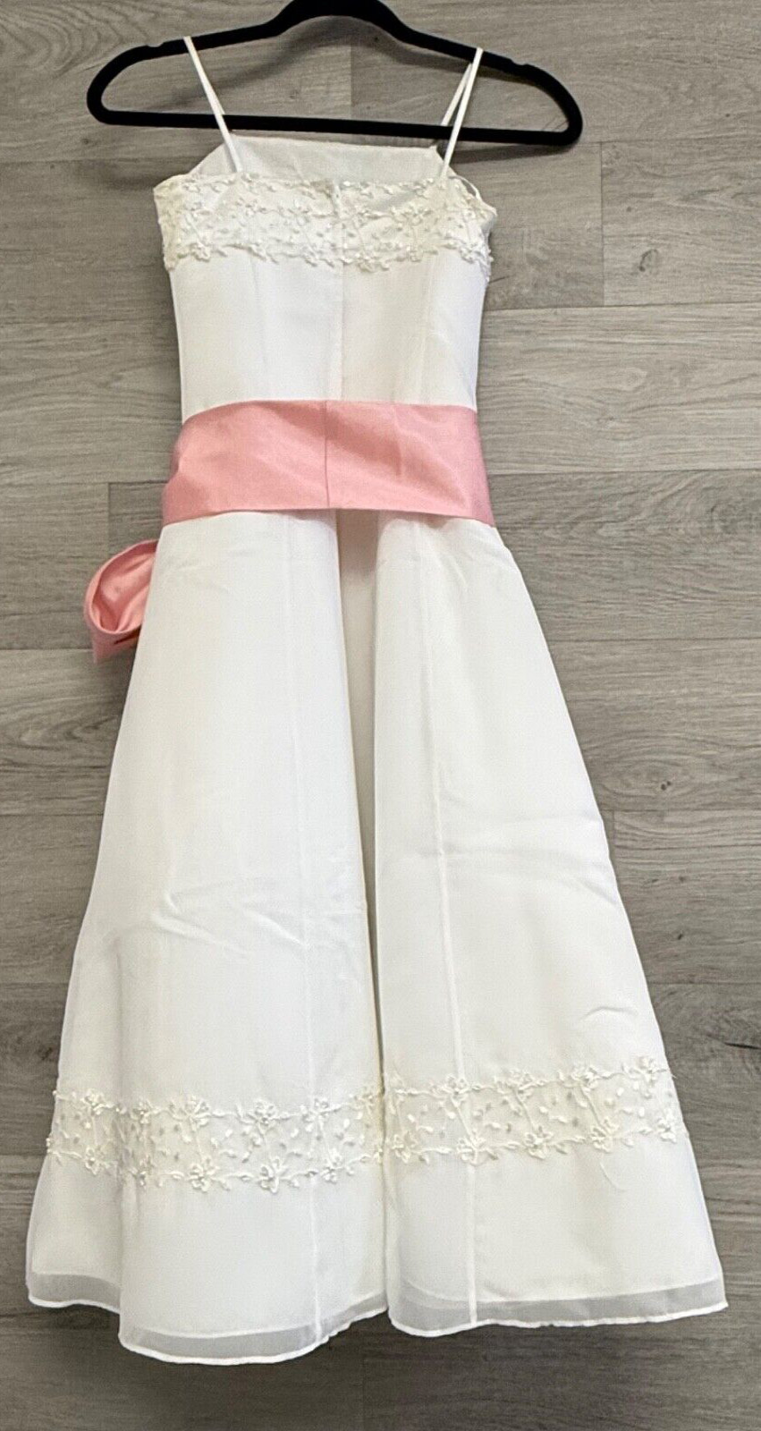 David's Bridal Tea Length Wedding Dress Womens 7 Straps Beaded Pink Sash Ribbon