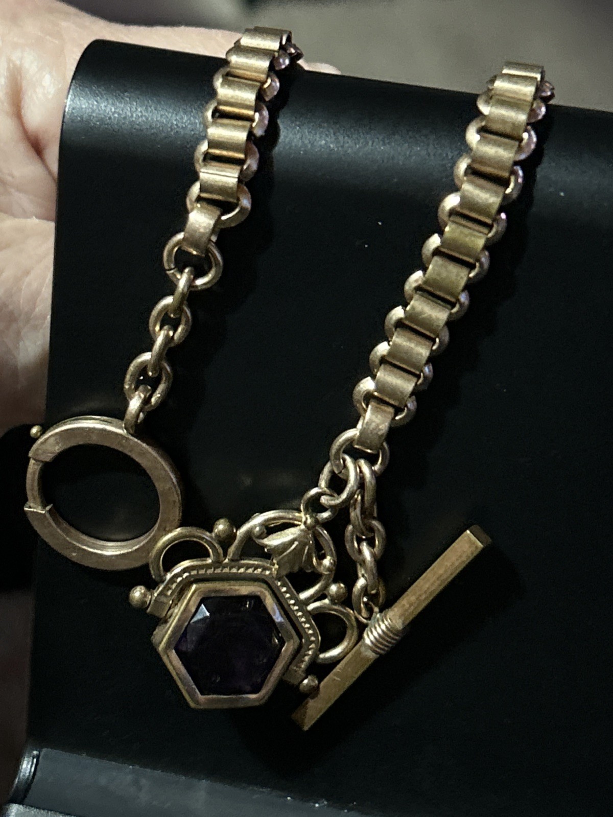 Victorian Rose Gold Fill Purple Watch Fob Spinner Book Link Chain Large Ring