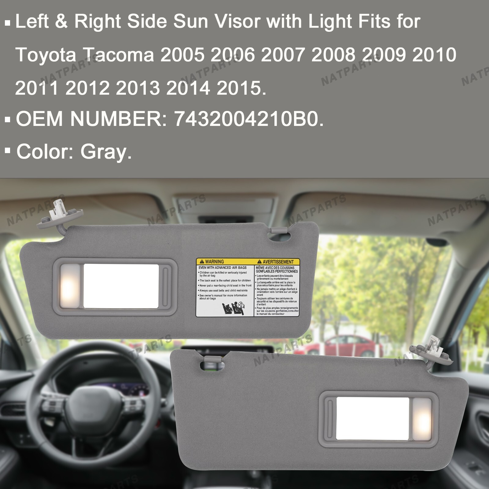 Pair Gray Sun visor w/ Light for Toyota Tacoma 2005-2015 LH RH 7432004210B0