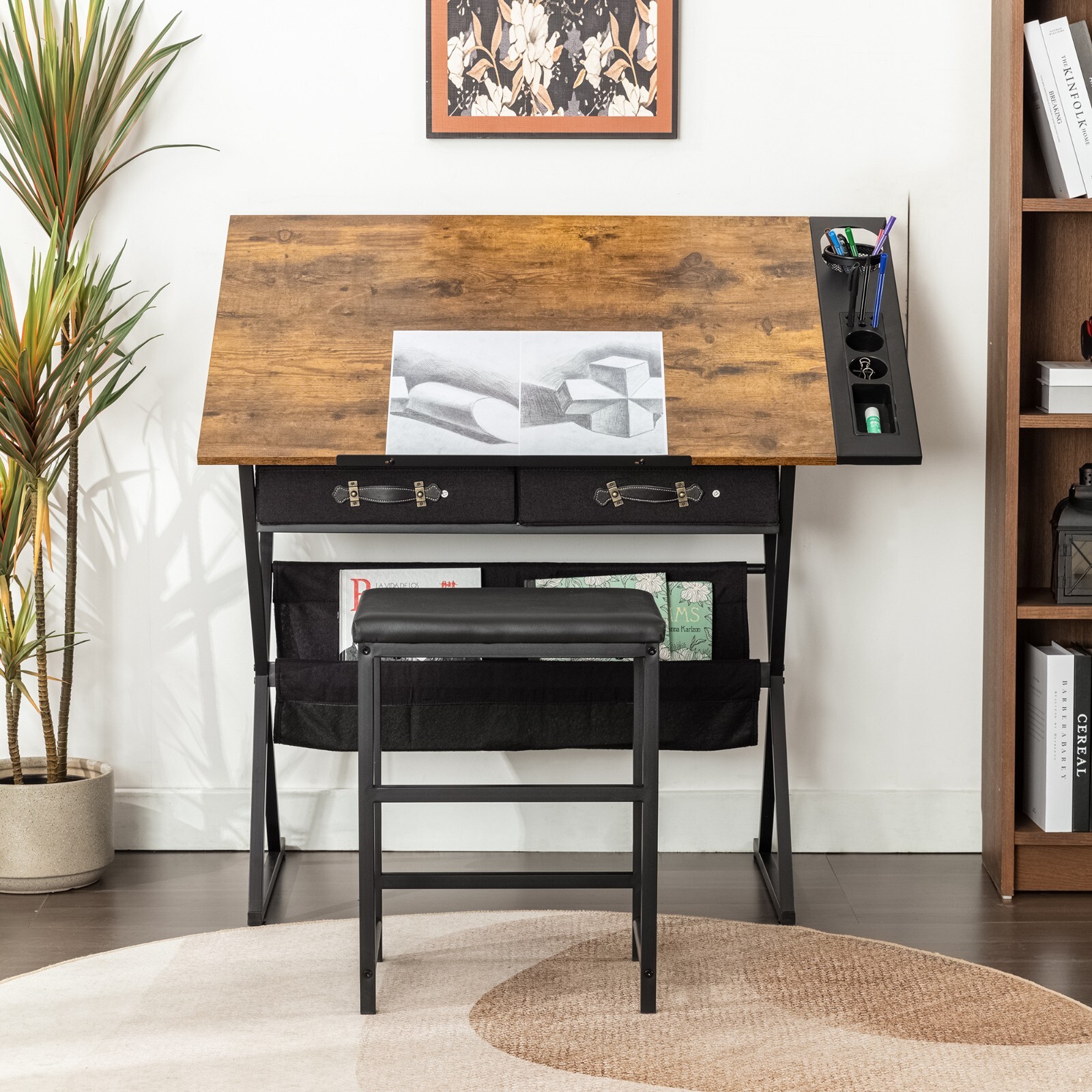 Art Craft Table Drawing Table Tiltable Tabletop w/Stool and 2 Storage Drawers