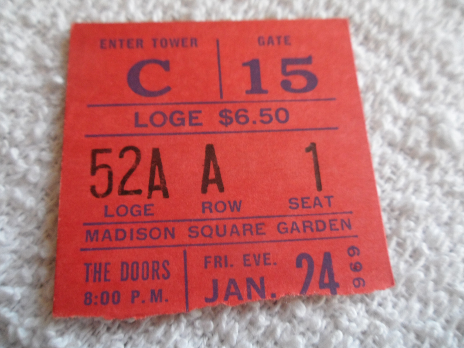 THE DOORS Original__1969__CONCERT TICKET STUB__Madison Square Garden__EX+