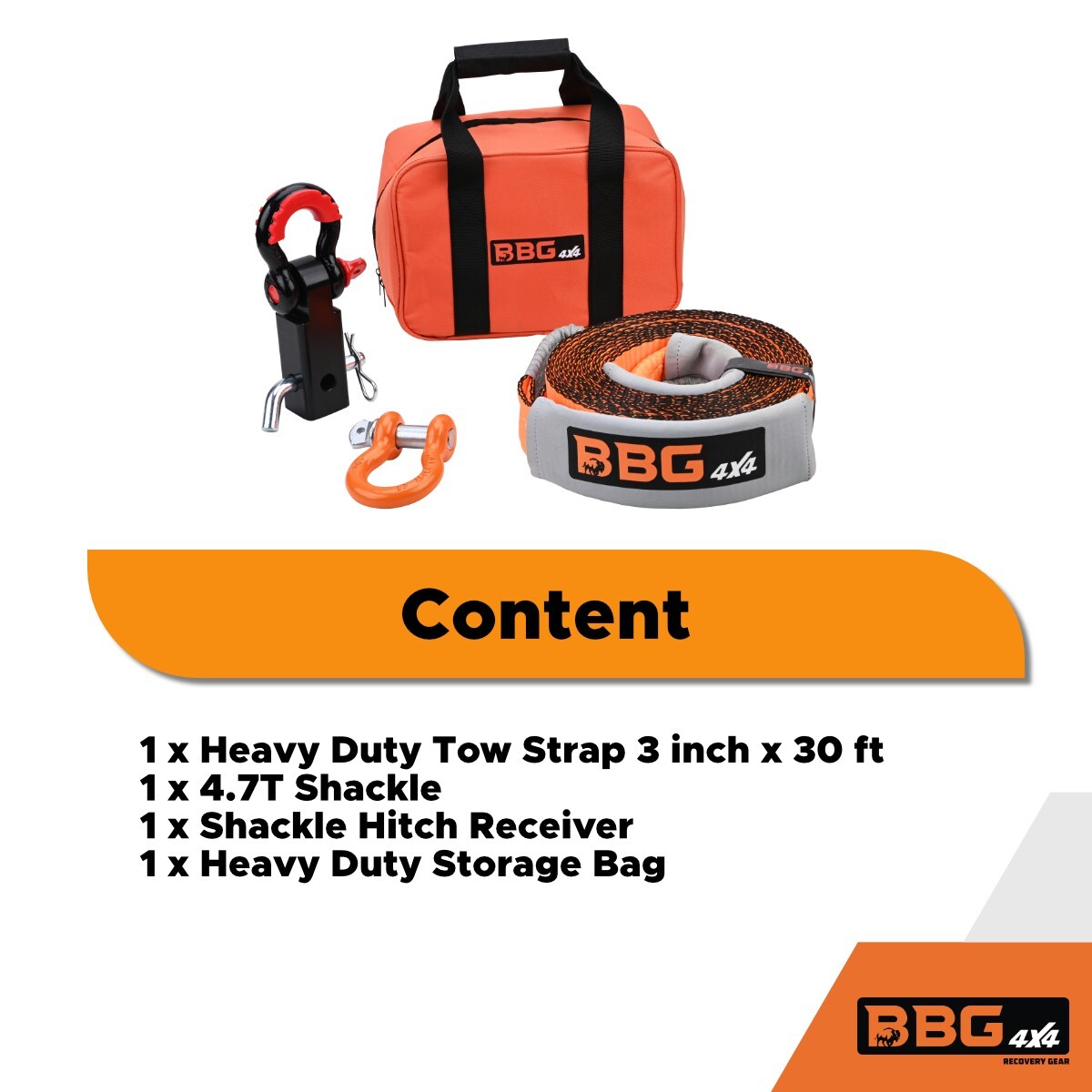 BBG4x4 Extreme Duty Tow Strap Recovery Kit: 3" x 30' Tow Strap + 1 Hitch Receive
