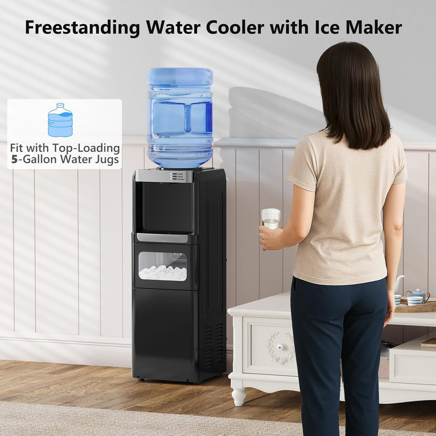 Water Dispenser with Ice Maker Function, Top Loading Hot and Cold Water Cooler