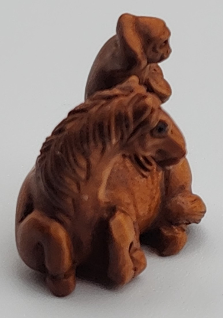 Ojime Bead? Carved Wood Monkey on Horse 2.5 cm Wide x 2.5 cm Tall Signed