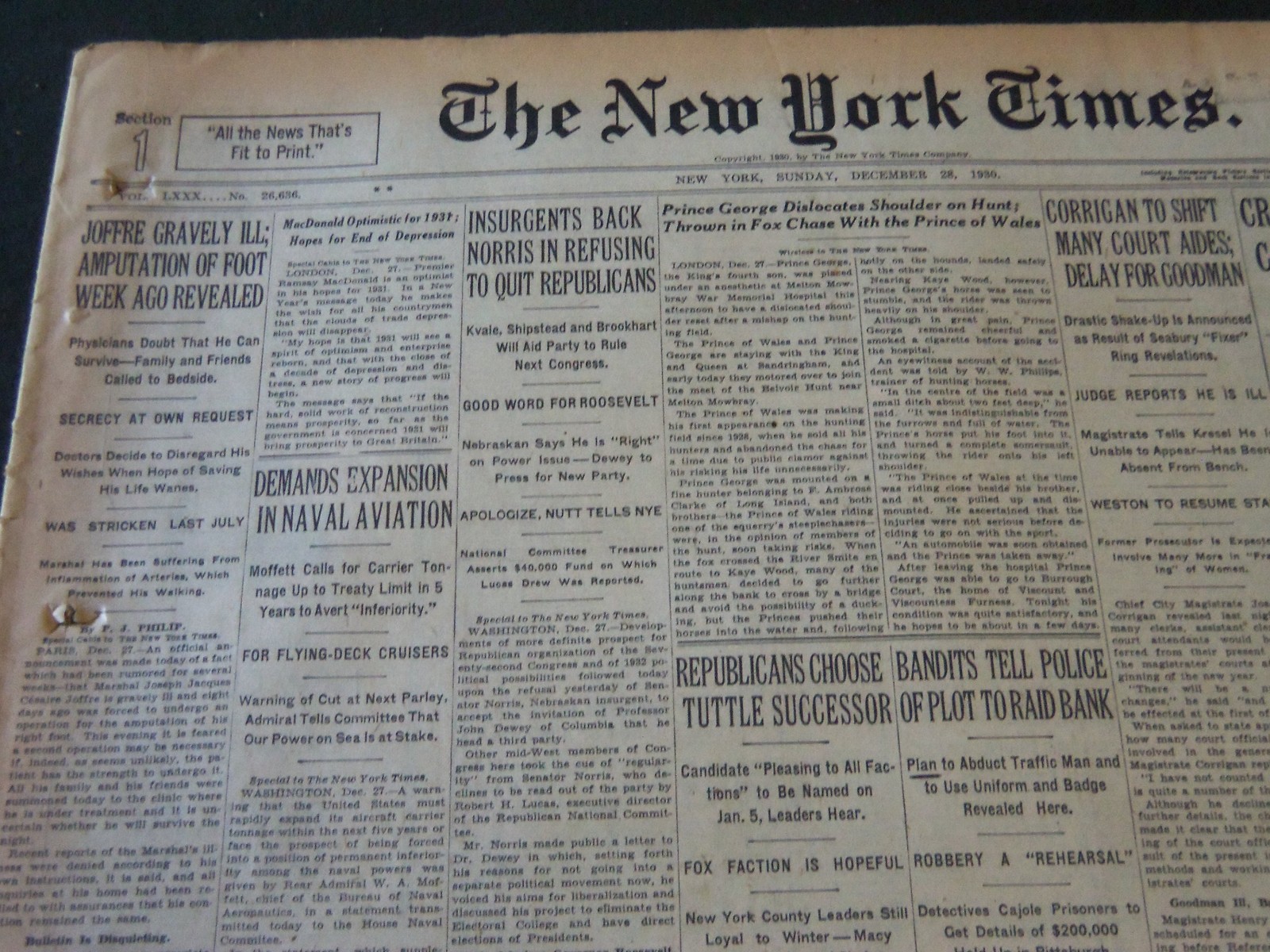 1930 DECEMBER 28 NEW YORK TIMES - JOFFRE GRAVELY ILL - NT 5628