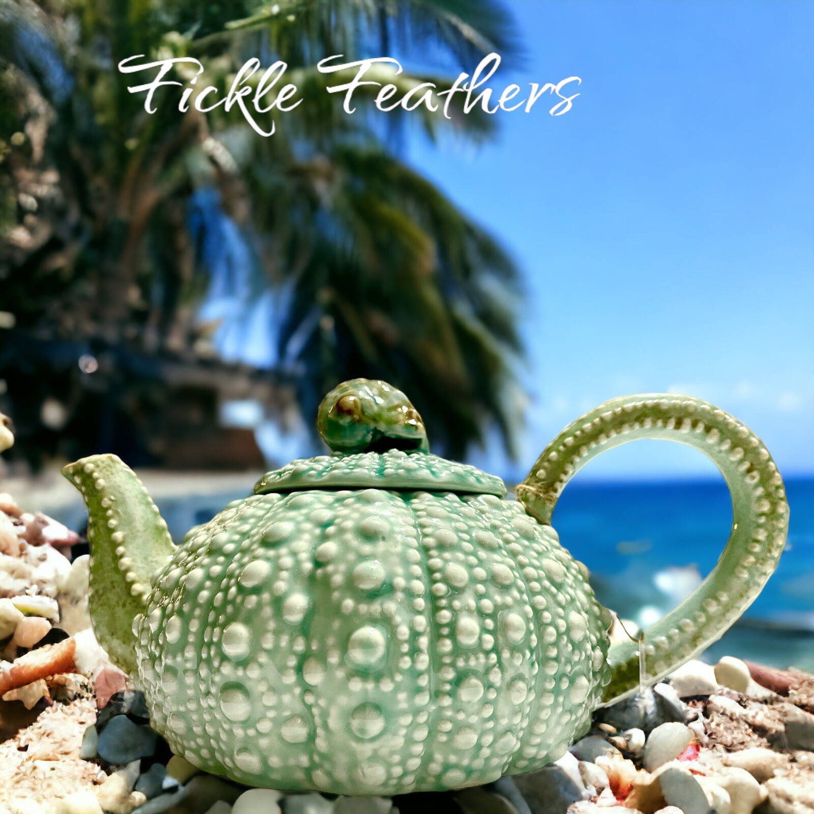 Sea Urchin Blue Sky Ceramic, Turquoise Teapot, 10.5" x 6" x 5" NEW Beach Chic