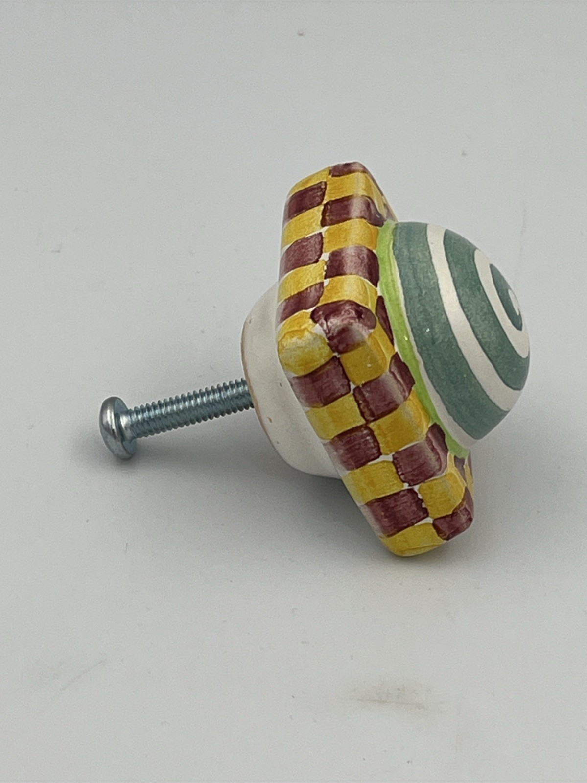 Mackenzie Childs 1.5” Petite Pink Yellow Check Green Swirl Square Knob Pull