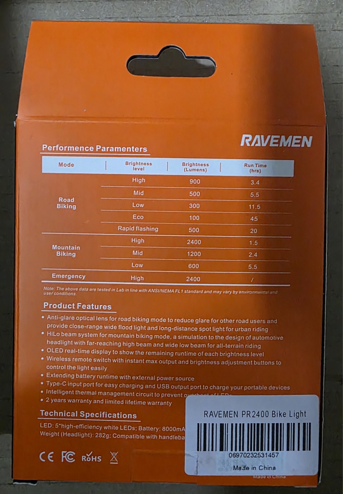 RAVEMEN PR2400 Bicycle Front Light, 2400 Lumens, Black HEADLIGHT - BRAND NEW 🔥