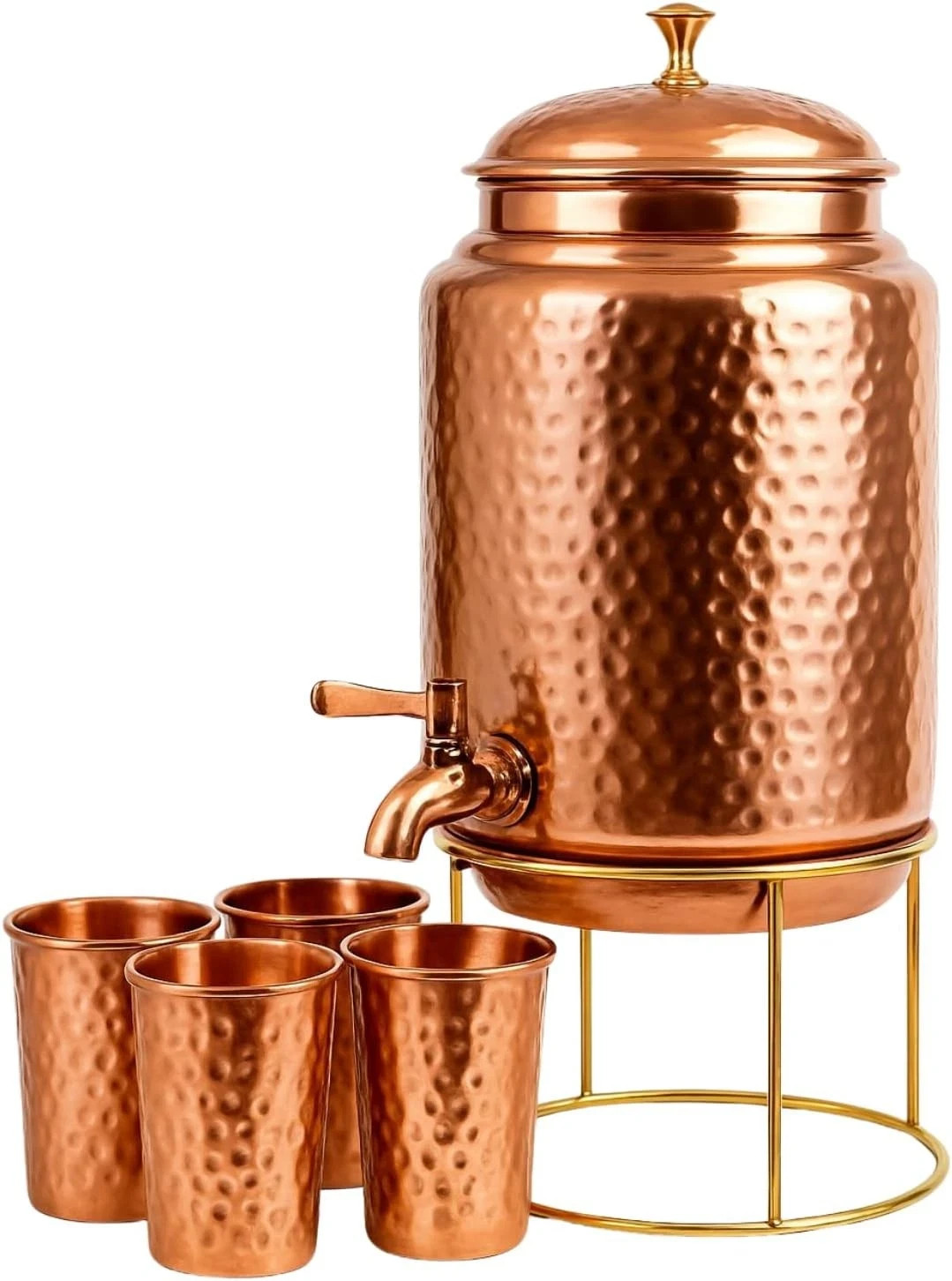 Pure Copper Hammered Water Dispenser Storage Water Tank 5 Ltr with Tap & 4 Glass