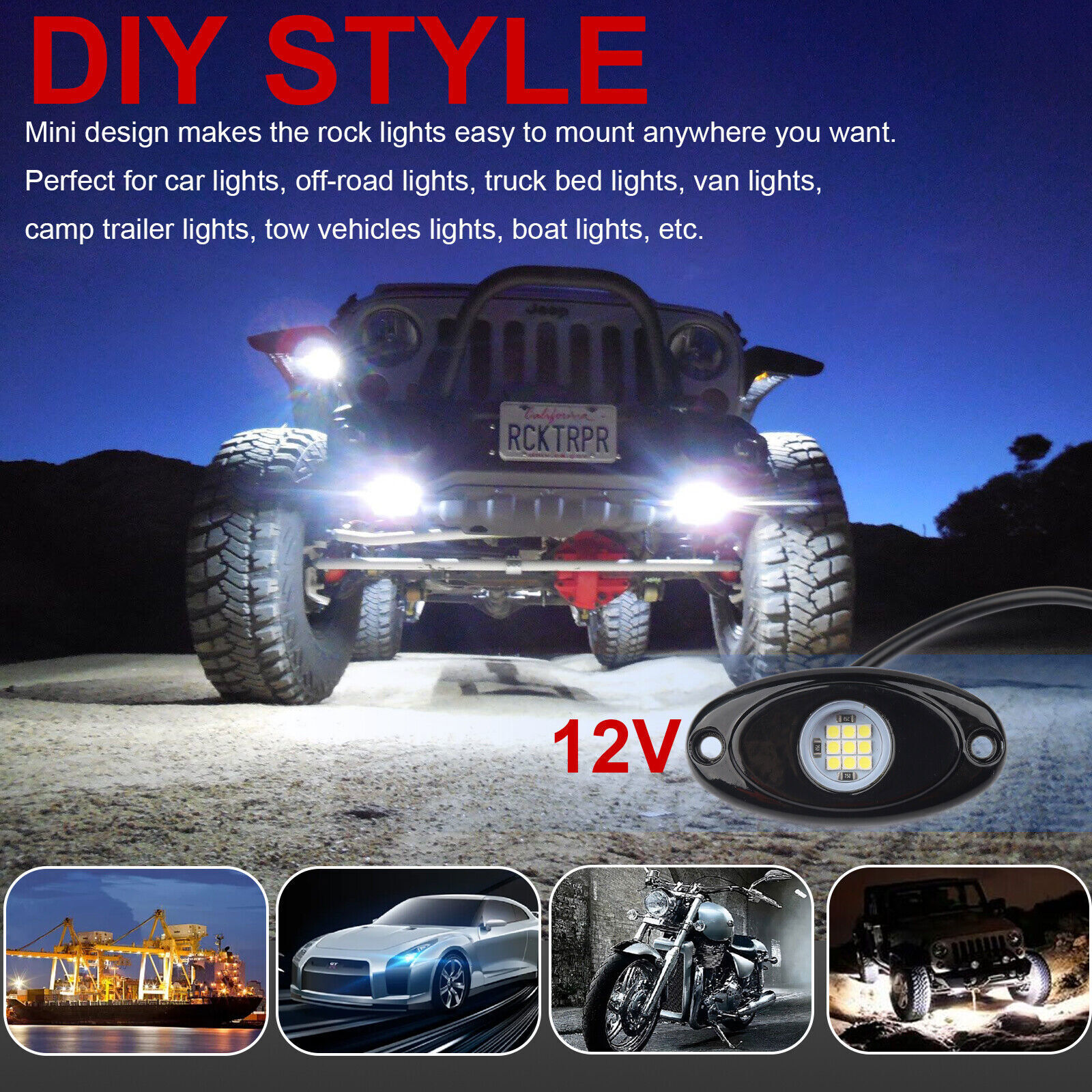 8 X LED Rock Lights White Underbody Trail Rig Glow Lamp Offroad SUV Pickup Truck