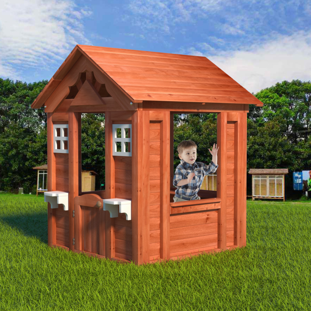 Outdoor Playhouse, Wooden Kids Play House with 2 windows and flowerpot holder