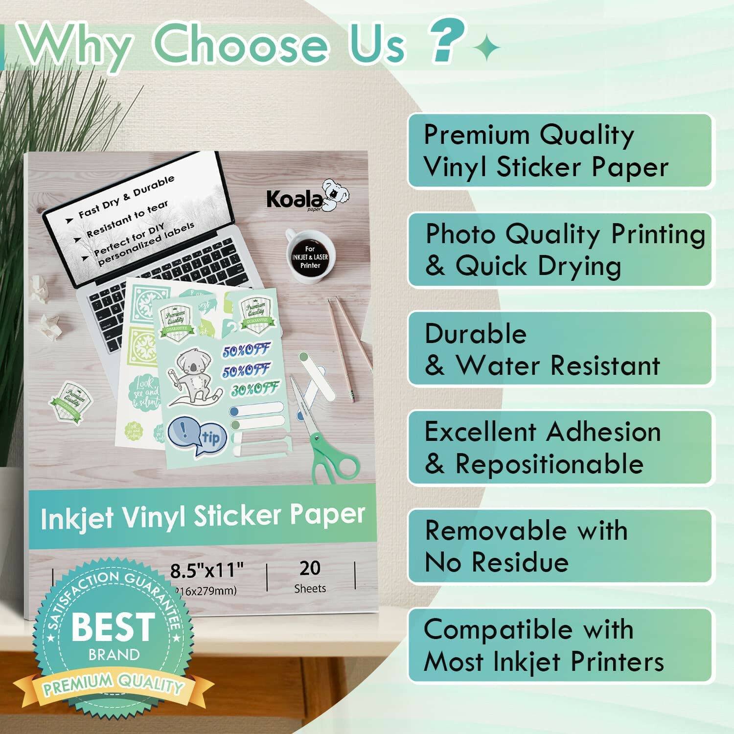 Koala Printable Vinyl Sticker Paper for Inkjet Printer Matte White Waterproof 20