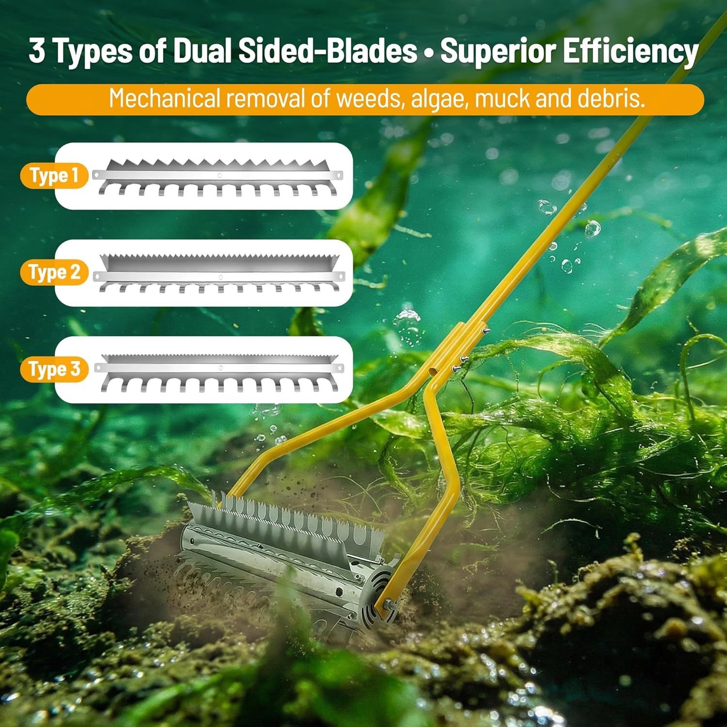 VEVOR Lake Weed Roller Stainless Steel Roller Pond Rake 14.1ft Pond Weed Removal