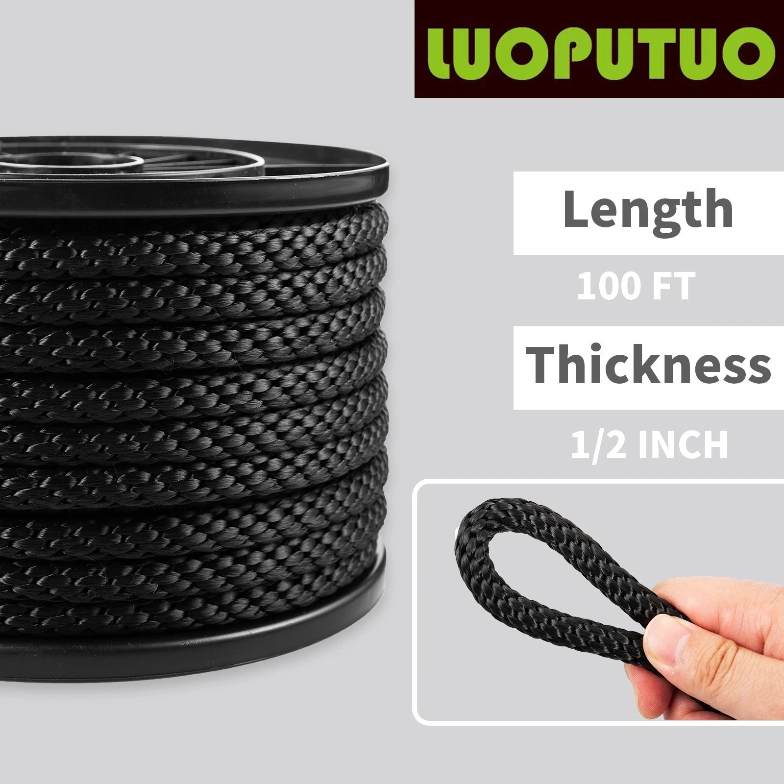1/2 100ft Black Polyester Solid Braid Rope High UV and Abrasion Resistance