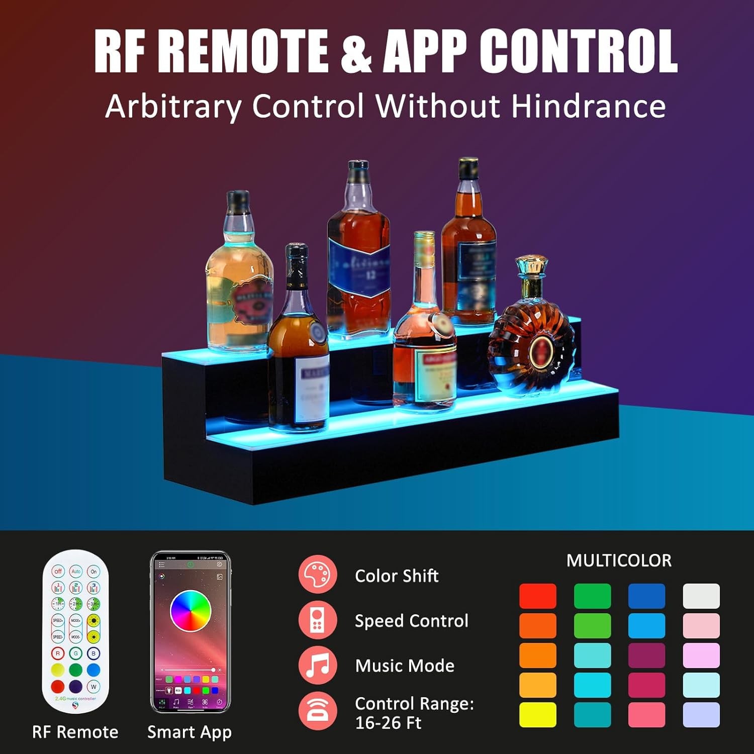 2-Tier LED Lighted Liquor Shelf 24" Acrylic Wine Rack Bottle Display Shelves