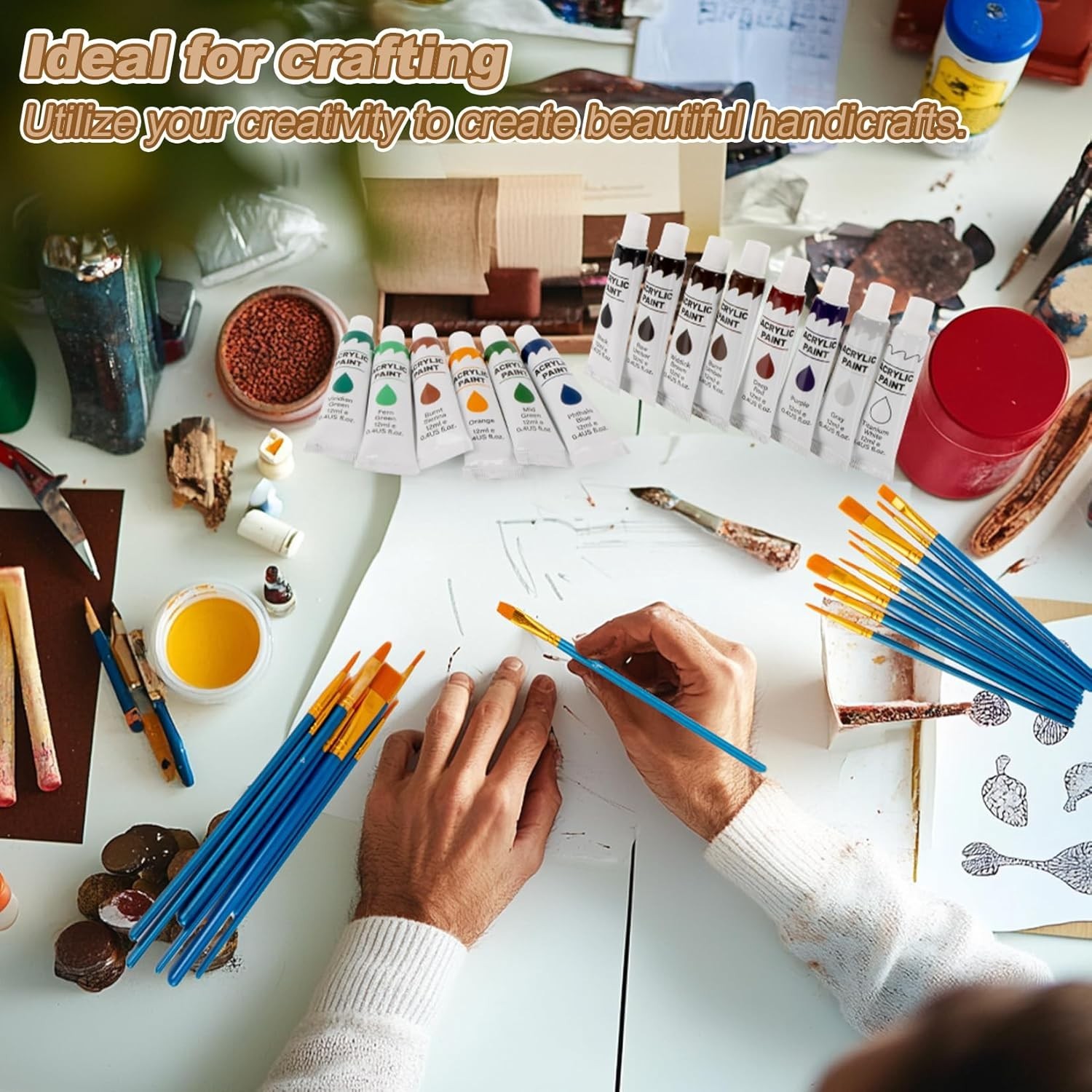 Acrylic Paint Set, 24 Colors 0.4 oz/Bottle with 12 Art Brushes, Art Supplies