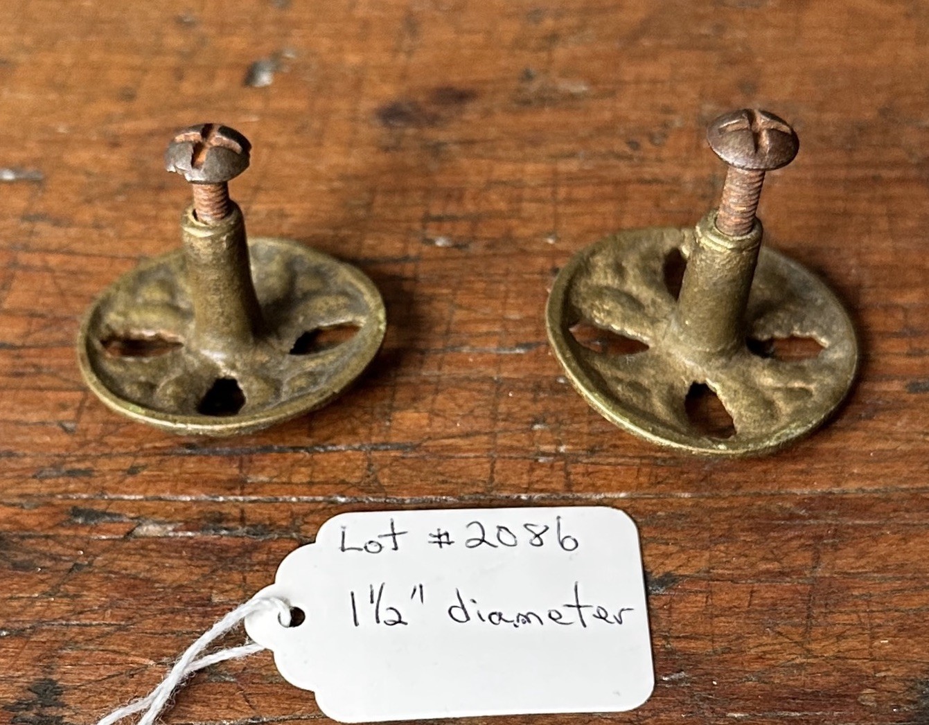 #2086-TWO Antique Cast Brass Victorian 19th C. Drawer Pulls Knob Match 1 1/2" d.