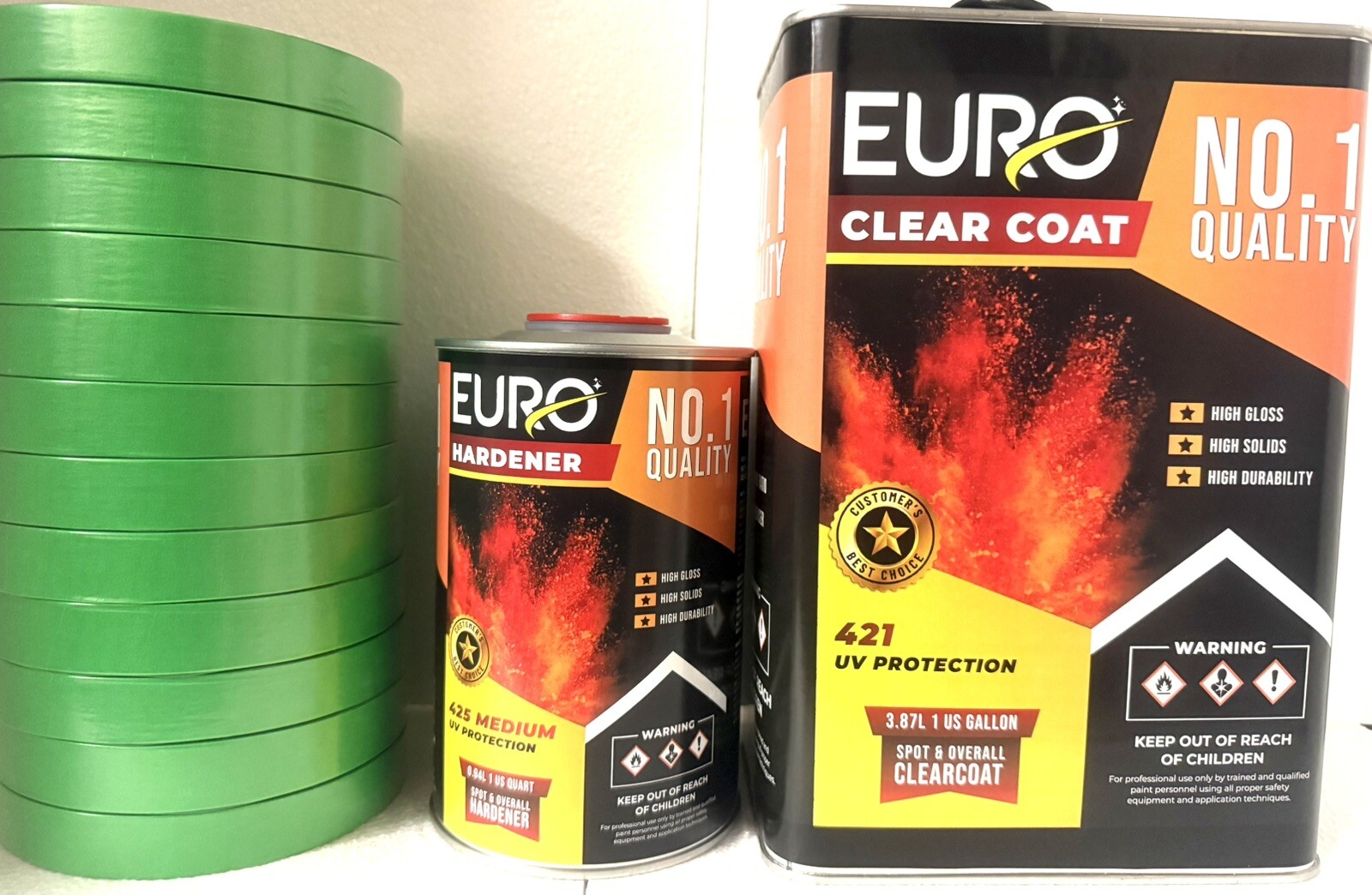 HS 2K High Gloss 4:1 Clear coat Gallon MEDIUM Hardener Free 12 rolls Green tape