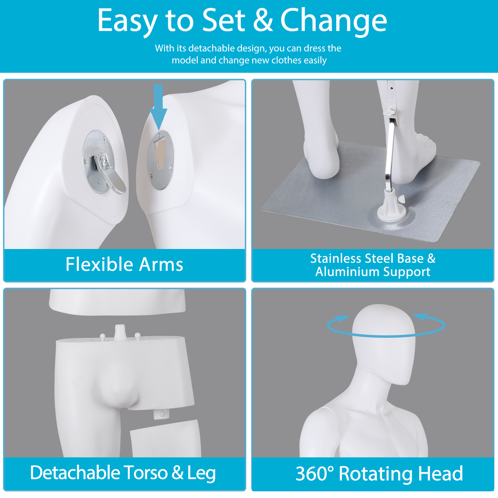 Mannequin Full Body Head Turns Sewing Dress Form 73" White Male Mannequin w/Base