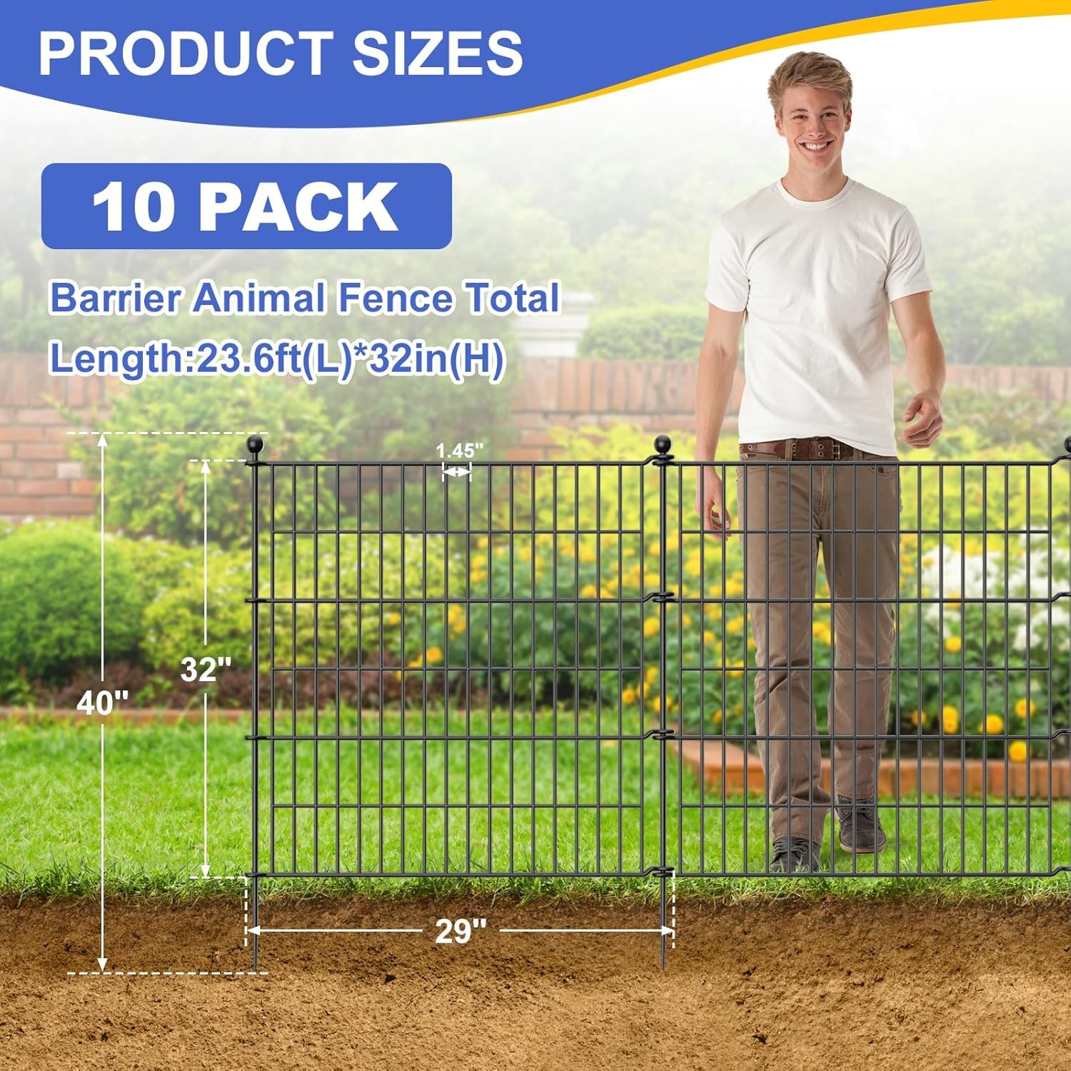 10 Panels 23.6 ft Garden Fence for Yard Patio Metal Wire Panel Border for Dog