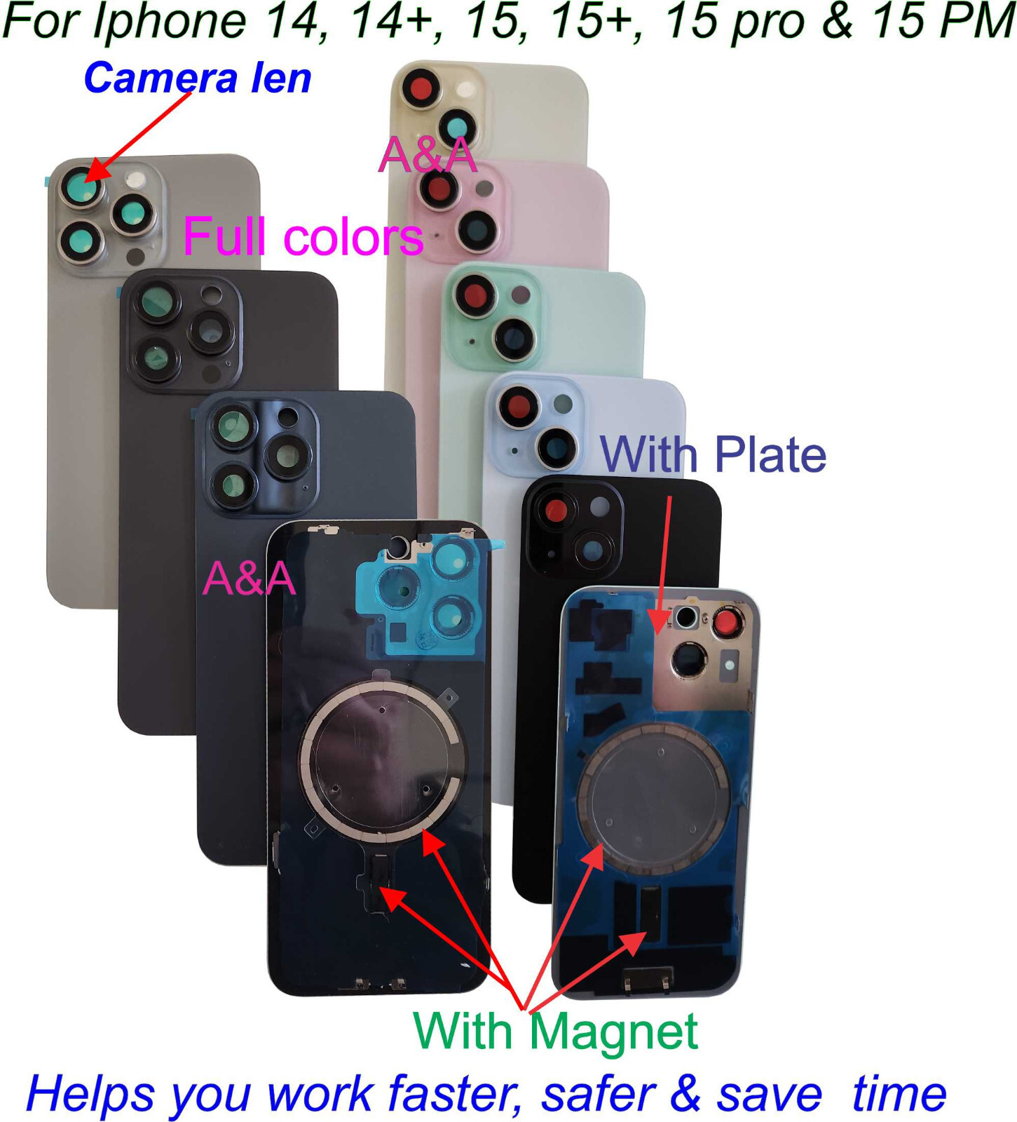 Back Glass replacement with Plate, Magnet, Camera len for Iphone 14 14+ 15 15PM