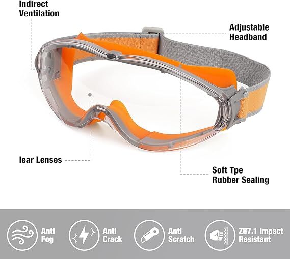 Safety Goggles Over Glasses Anti Fog Scratch Resistant Eye Protection Adjustable