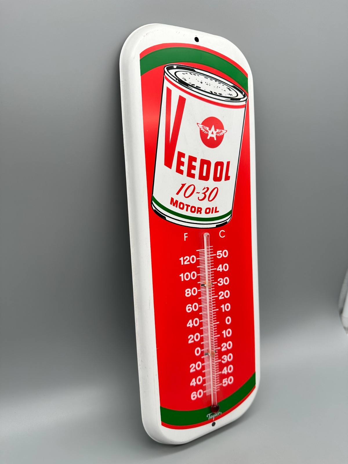 Tin Veedol 10-30 Motor Oil Garage Thermometer by Taylor 6" x 16"!