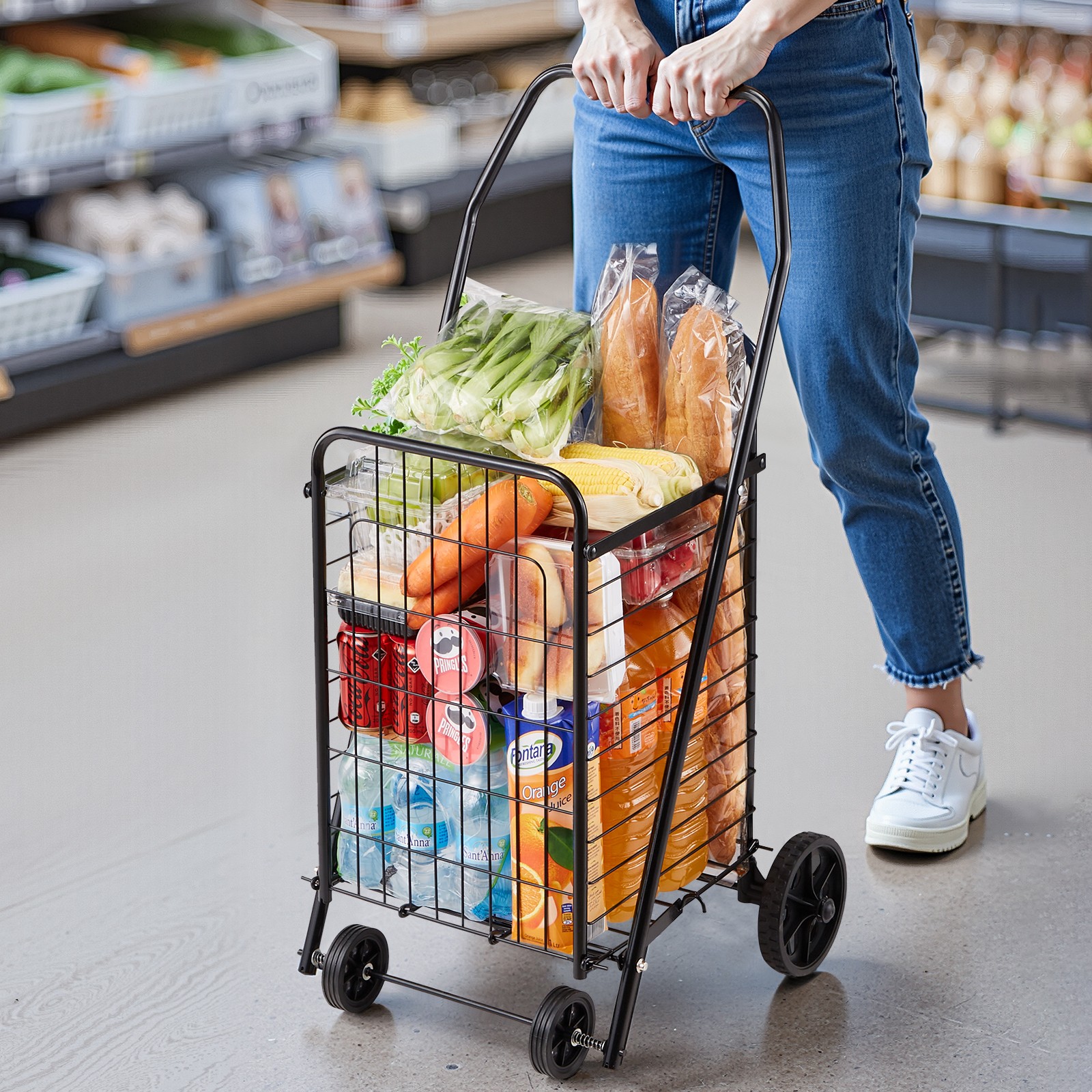 Uimoso Shopping Cart Folding Grocery Utility Cart with Swivel Wheels 90 LBS