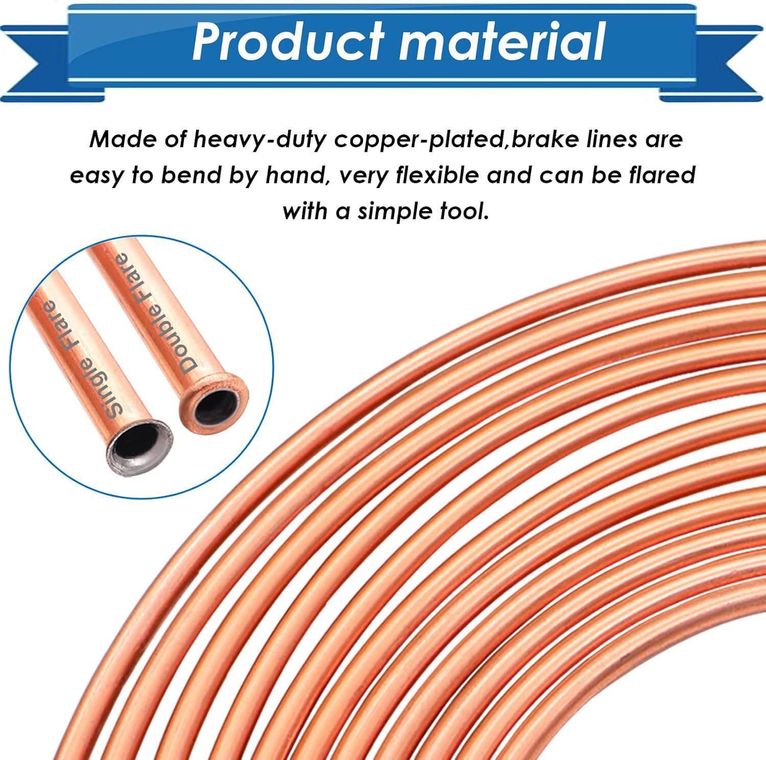Brake Line Tubing Kit Copper Nickel 25 Ft Coil Roll 1/4'' OD with 16 Fittings