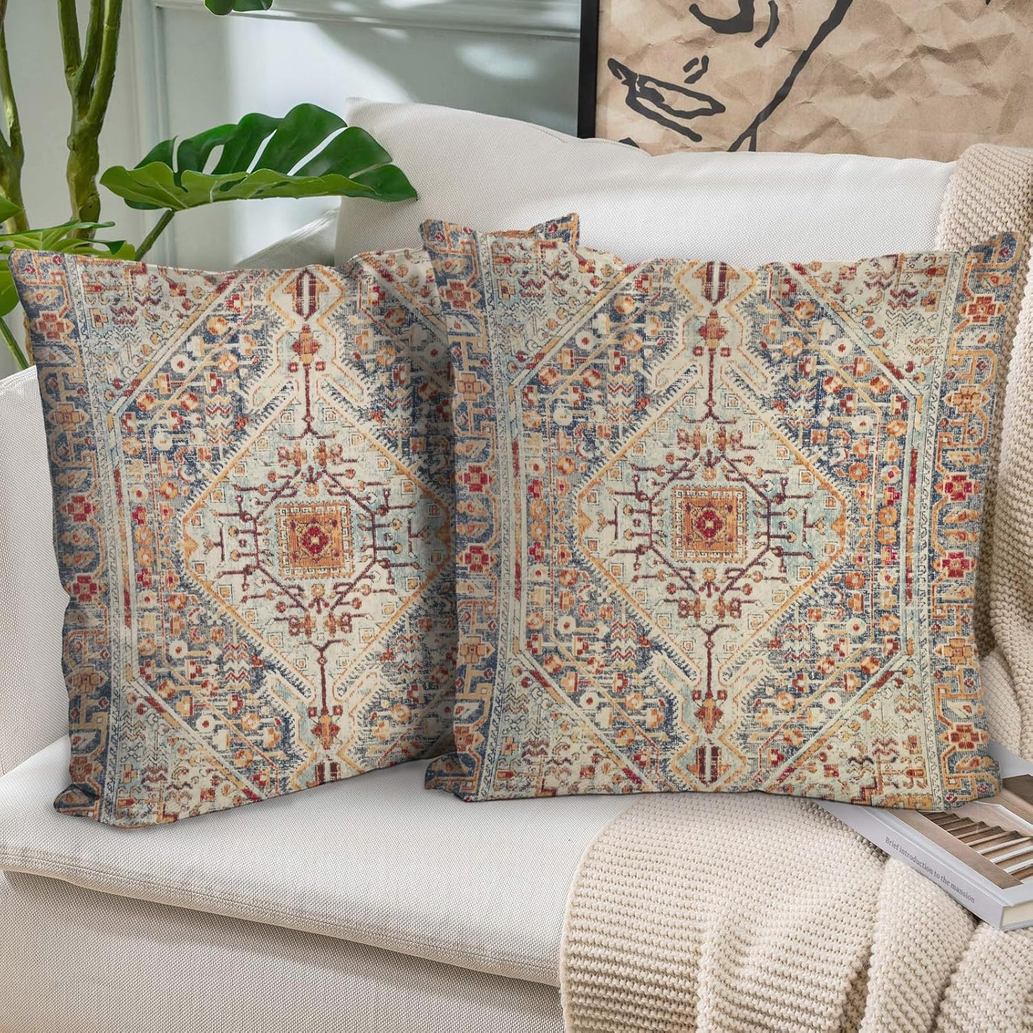 Boho Throw Pillow Covers 18x18 inch Set of 2,Bohemian Vintage Carpet Pattern Ant