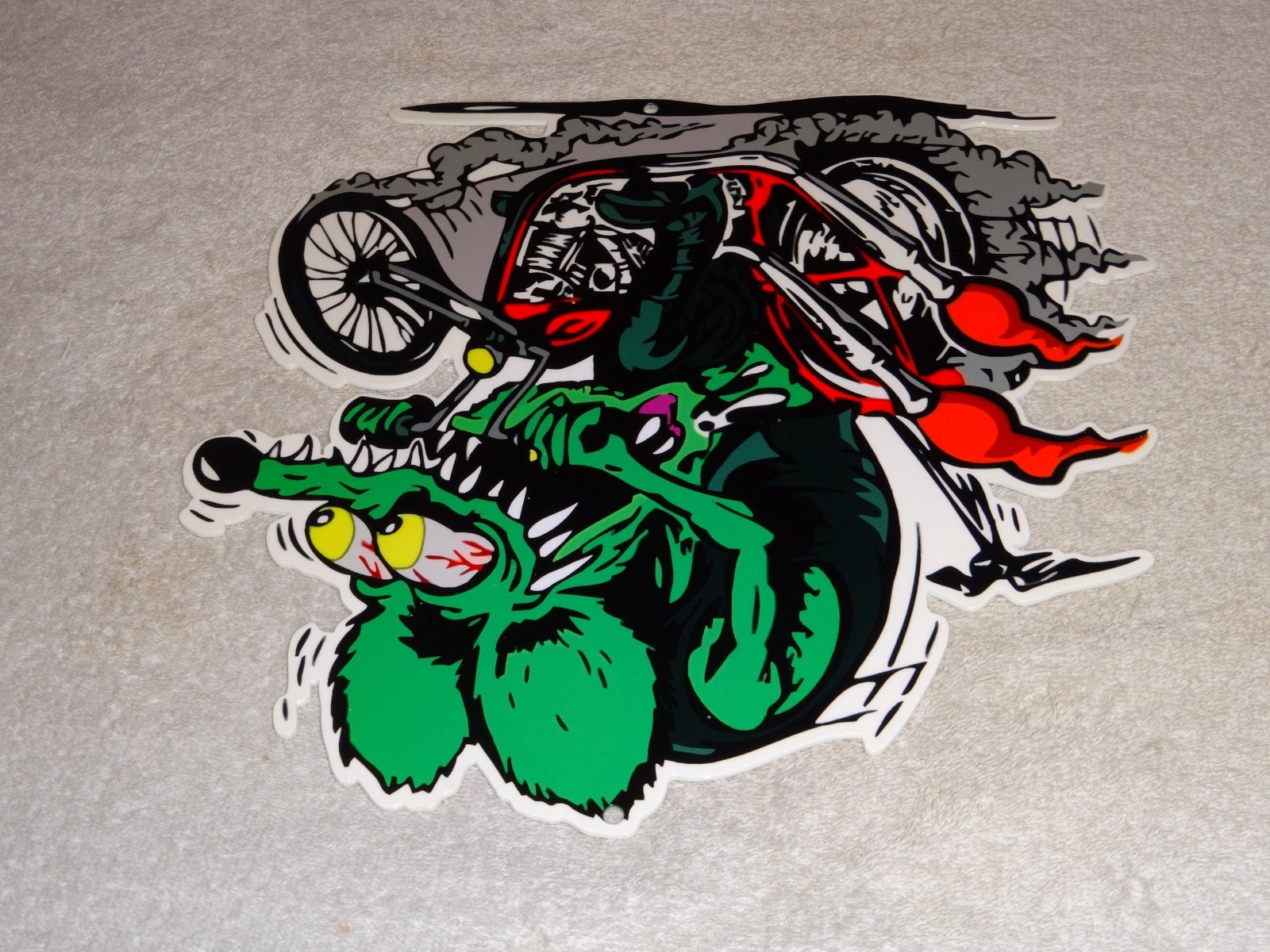 VINTAGE RATFINK RIDES MOTORCYCLE 12" PORCELAIN METAL RAT FINK GASOLINE OIL SIGN