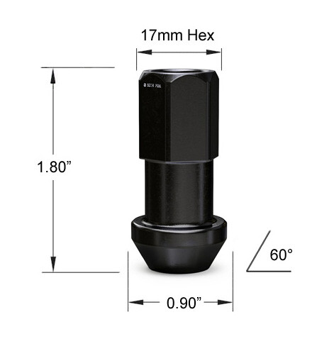 (20) 12x1.25 Black 45mm Extended Lug Nuts (1.8") Tuner Racing Cone Seat Open End