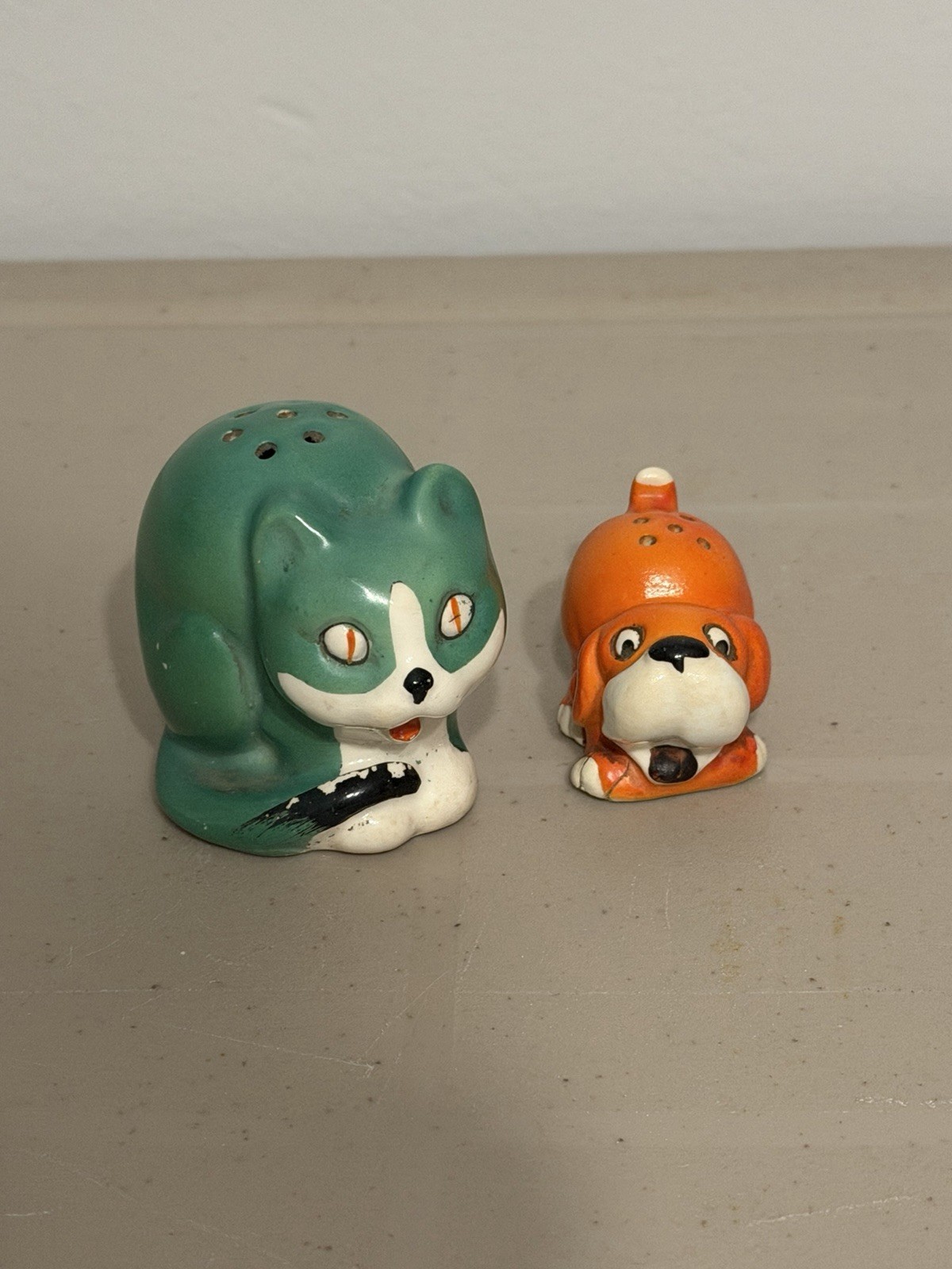 Antique Germany Bisque Green Cat And Orange Dog Salt & Pepper Shakers