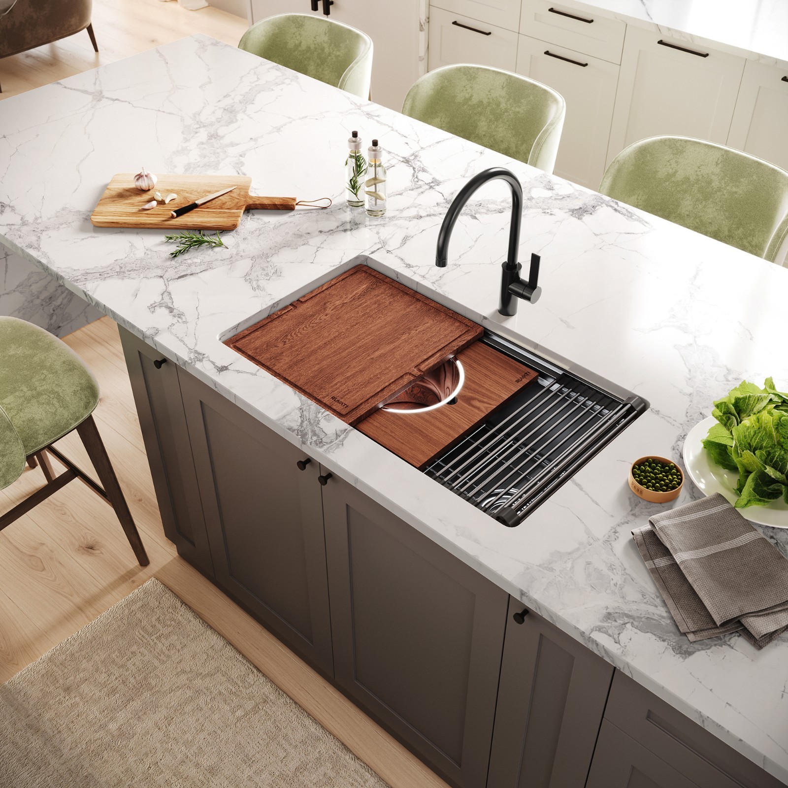 Ruvati 33" Gunmetal Black Workstation Two-Tiered Ledge Kitchen Sink - RVH6222BL