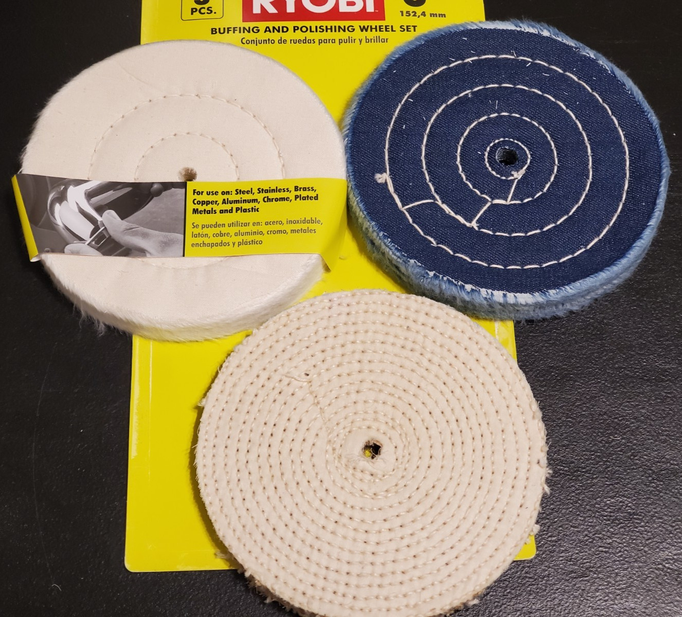 RYOBI A04BW11 Buffing and Polishing Wheel Set (3-Piece) 6" Wide, 7/16" Arbor