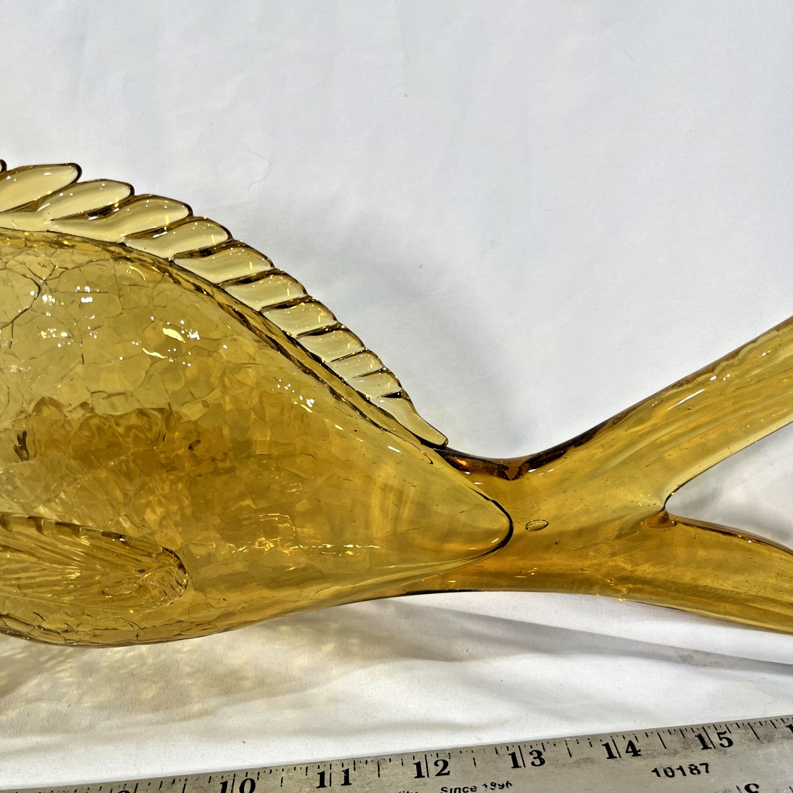 Vintage Amber Green Murano Crackle Glass Fish Decanter
