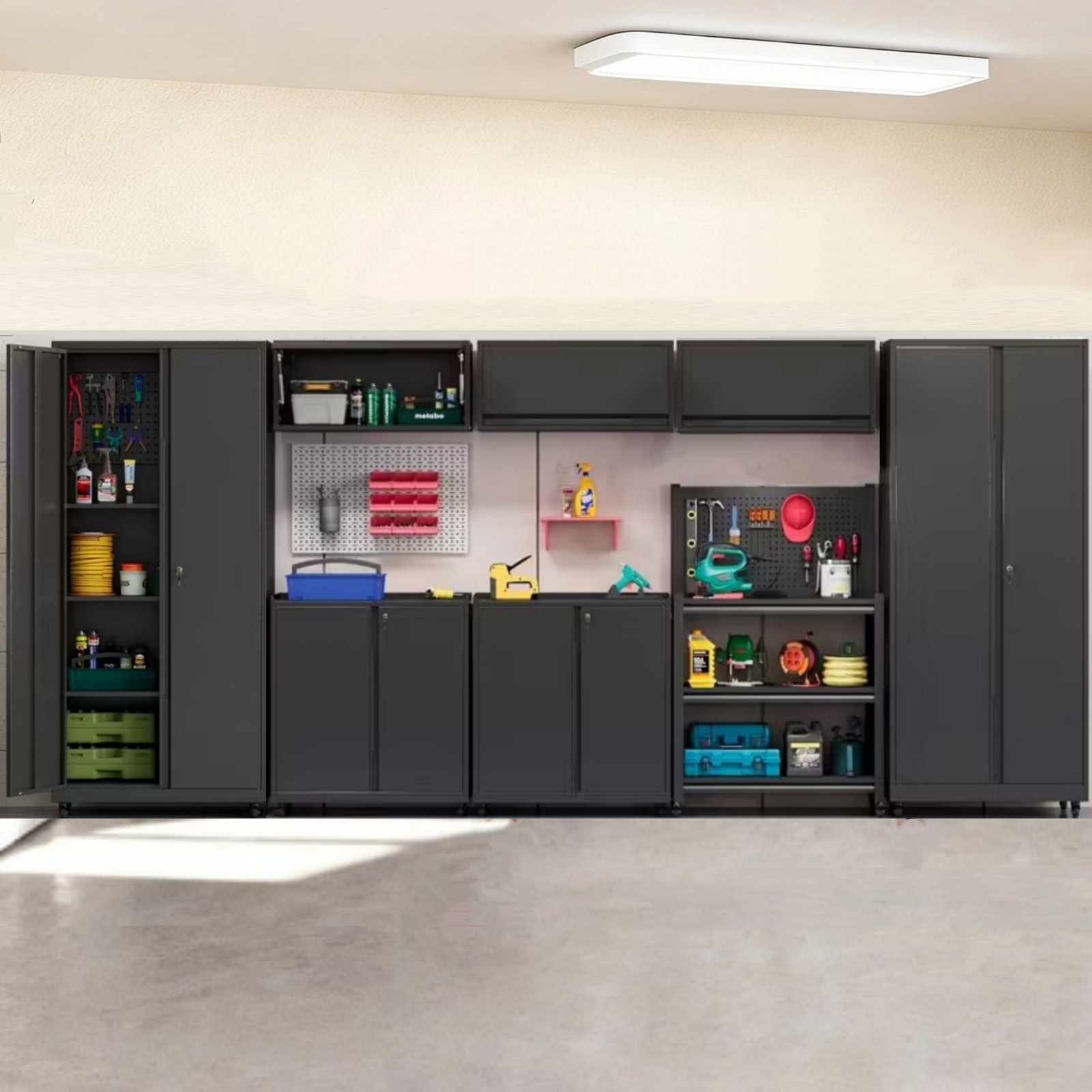 Garage Storage Cabinet System 8 Pc Workshop Set Mobile Workbench w/Tool Pegboard