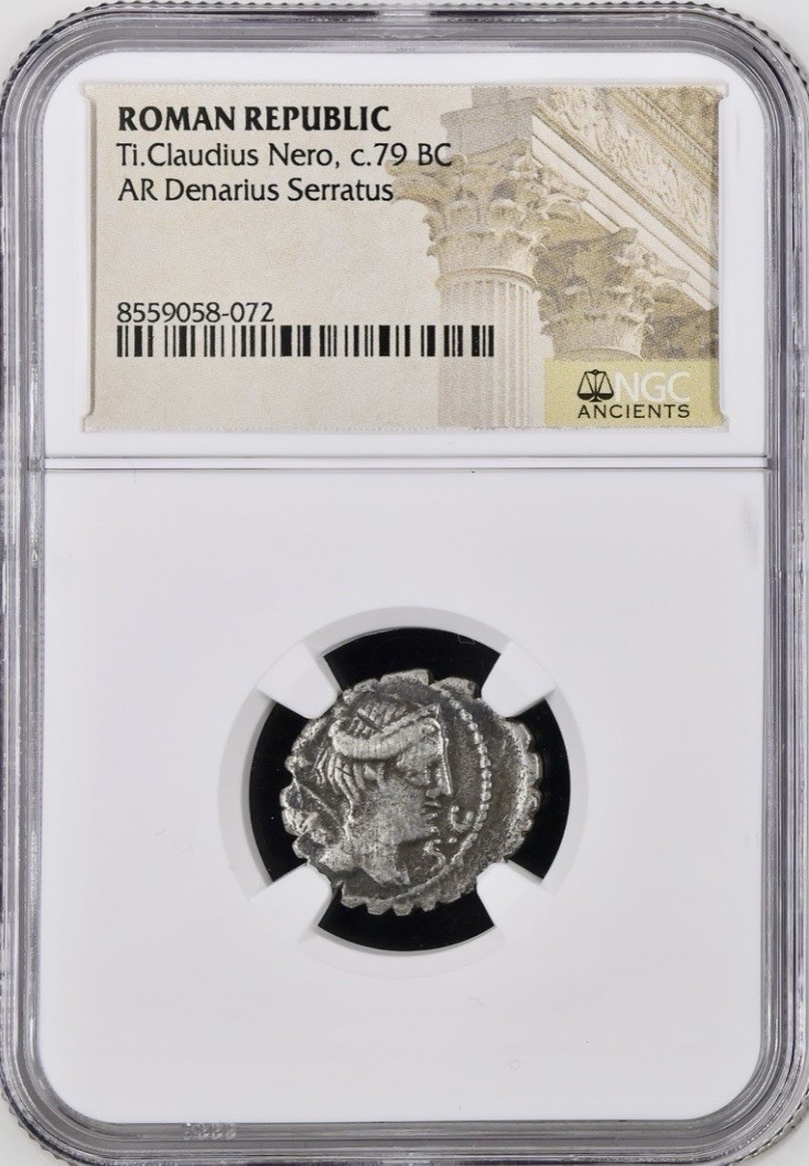 Tiberius Claudius Nero Roman Republic Silver Denarius 79BC NGC Genuine Serratus