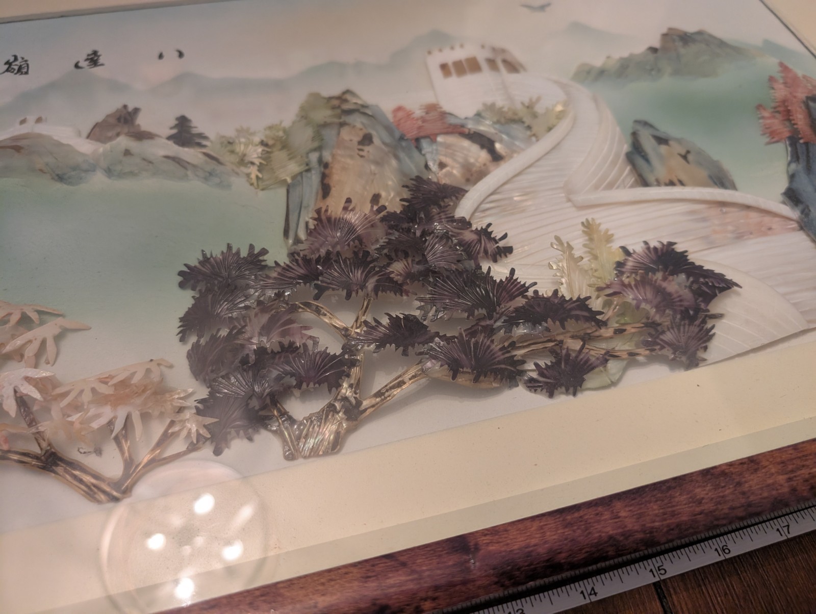 Vintage Chinese Mother Of Pearl Shell Porcelain Landscape 3D Painting Wood Frame