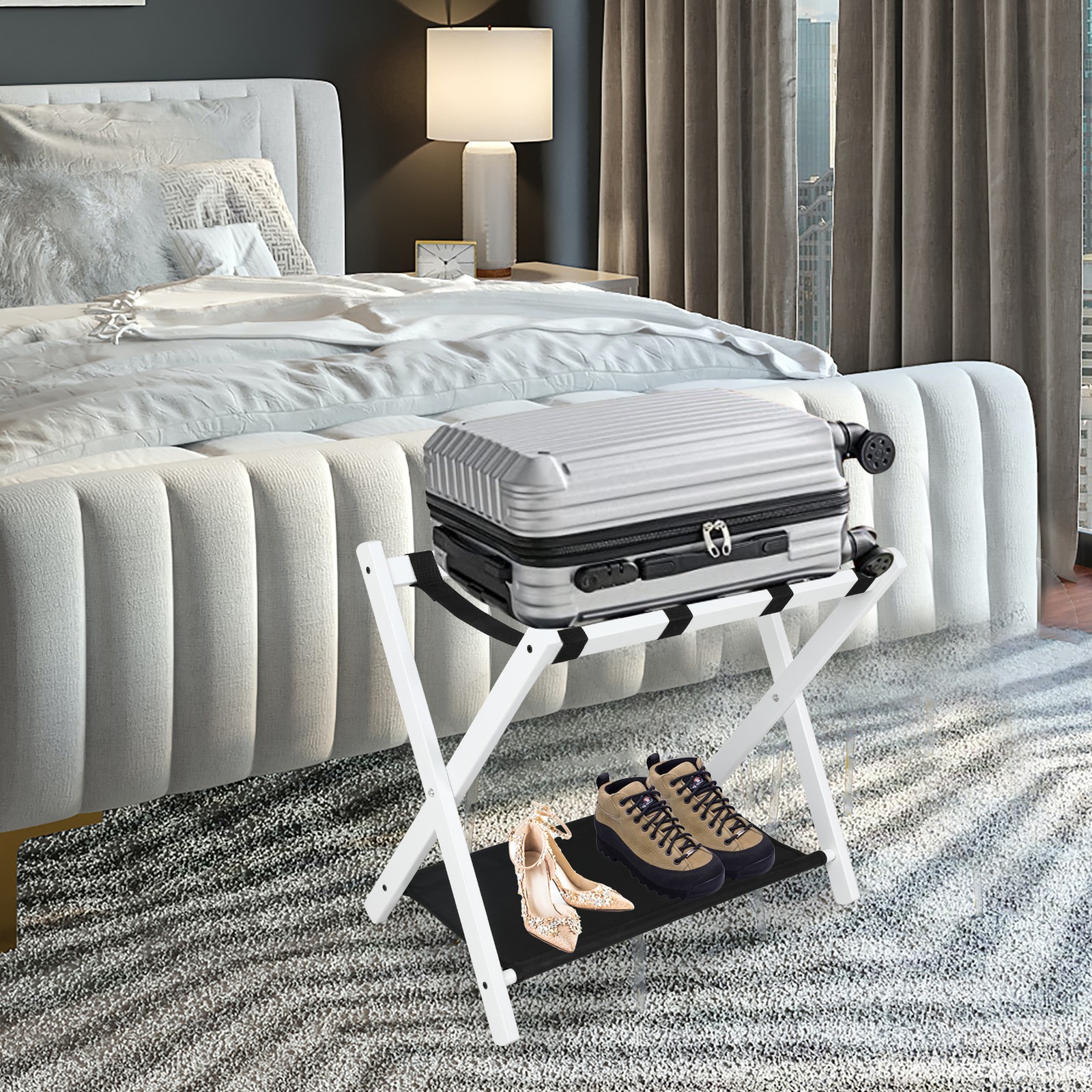 Set of 2 Folding Luggage Rack Soild Wood Stand Suitcase Holder w/ Shelf White